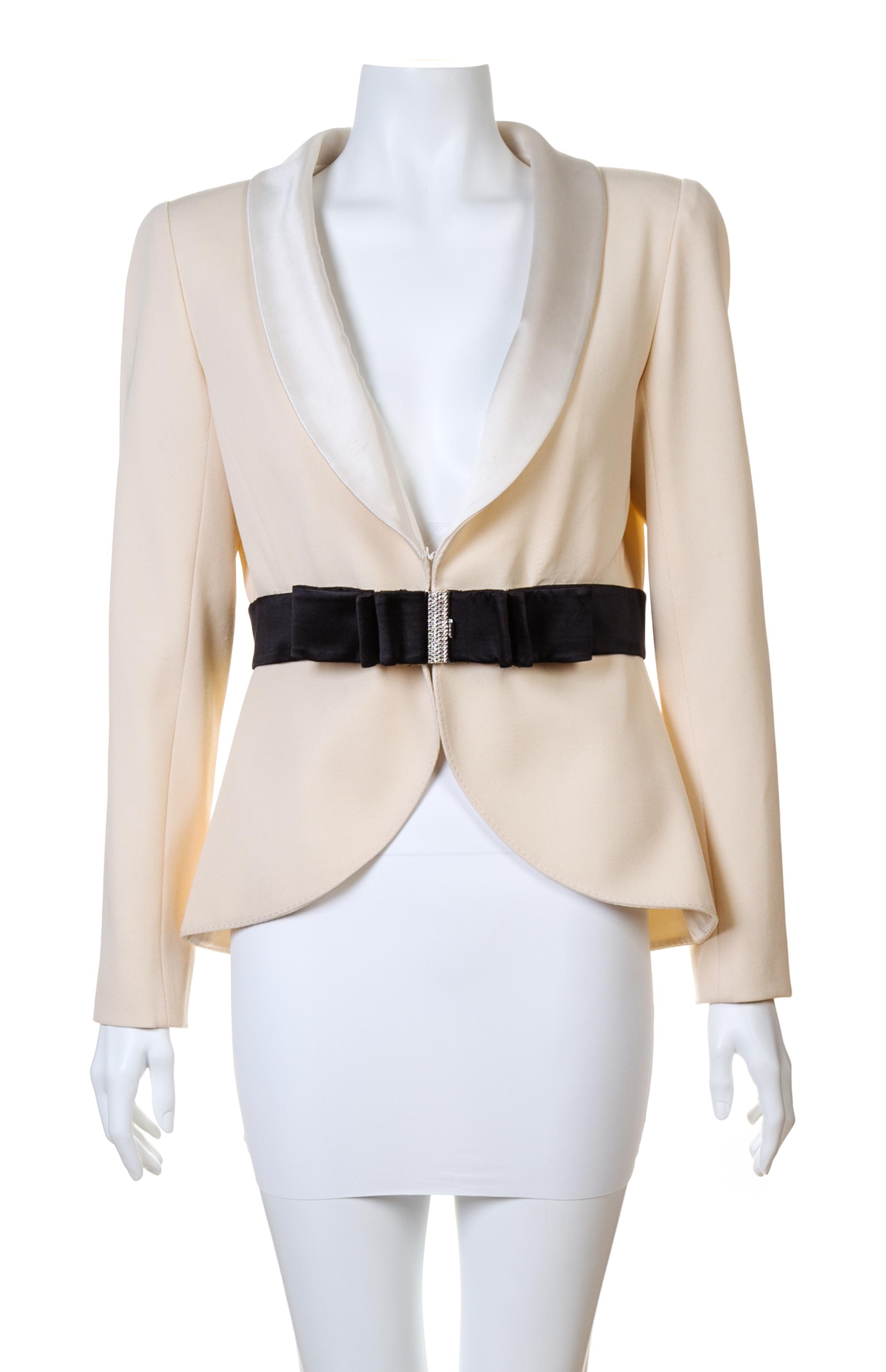 A Valentino Cream Wool Tuxedo Peplum Jacket, Size 10.