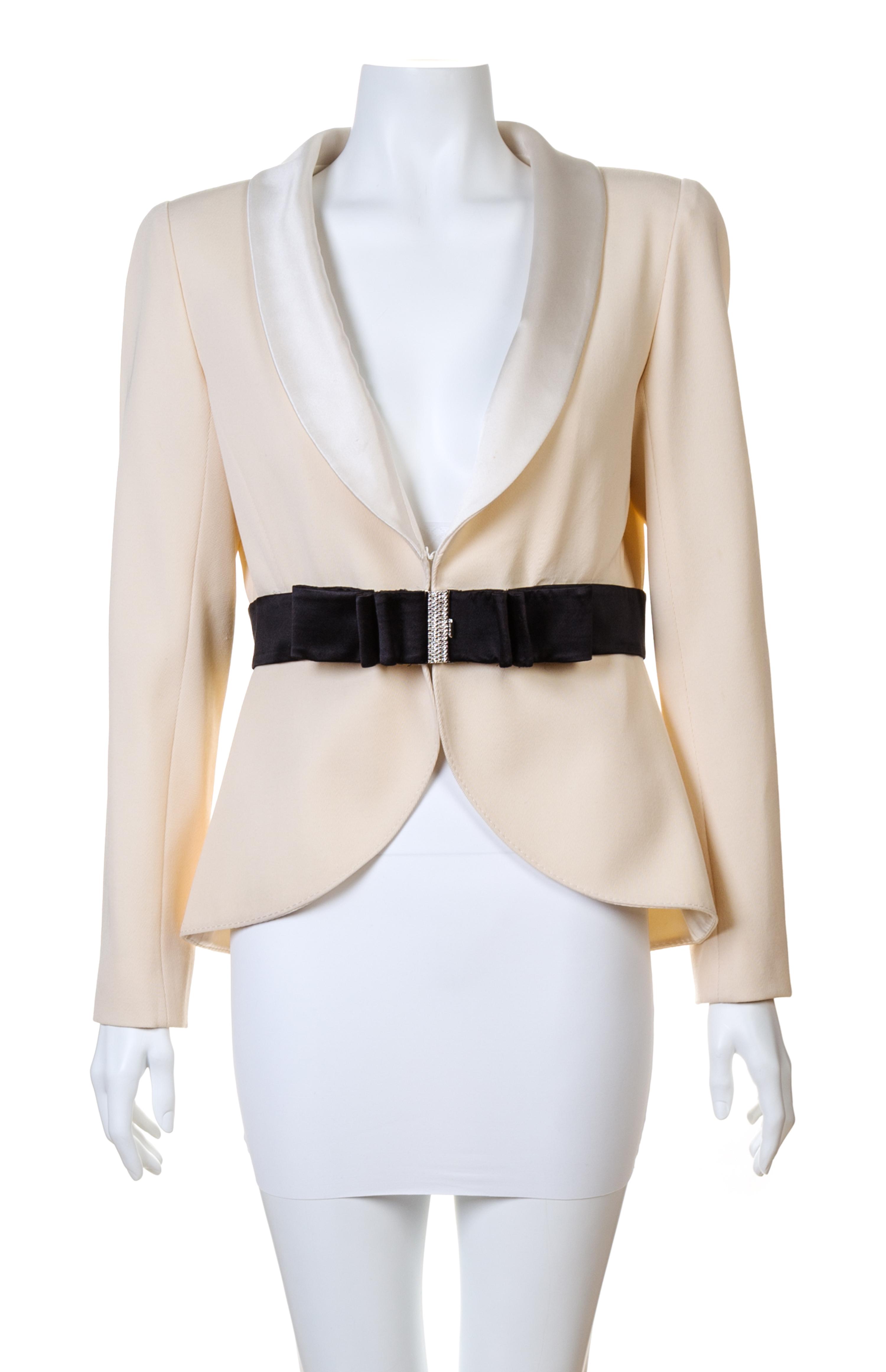 A Valentino Cream Wool Tuxedo Peplum Jacket, Size 10.