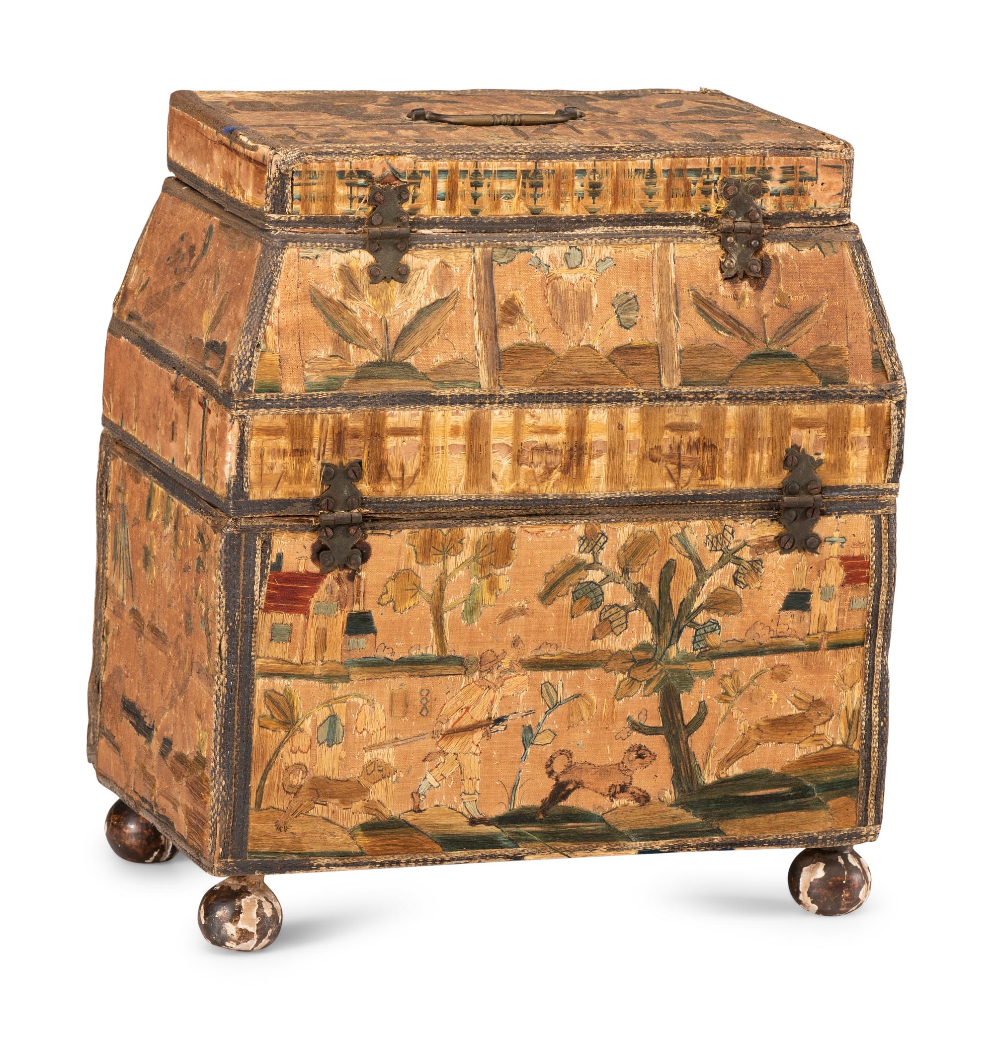 An English Silk and Metallic Thread Embroidered Jewelry Casket
