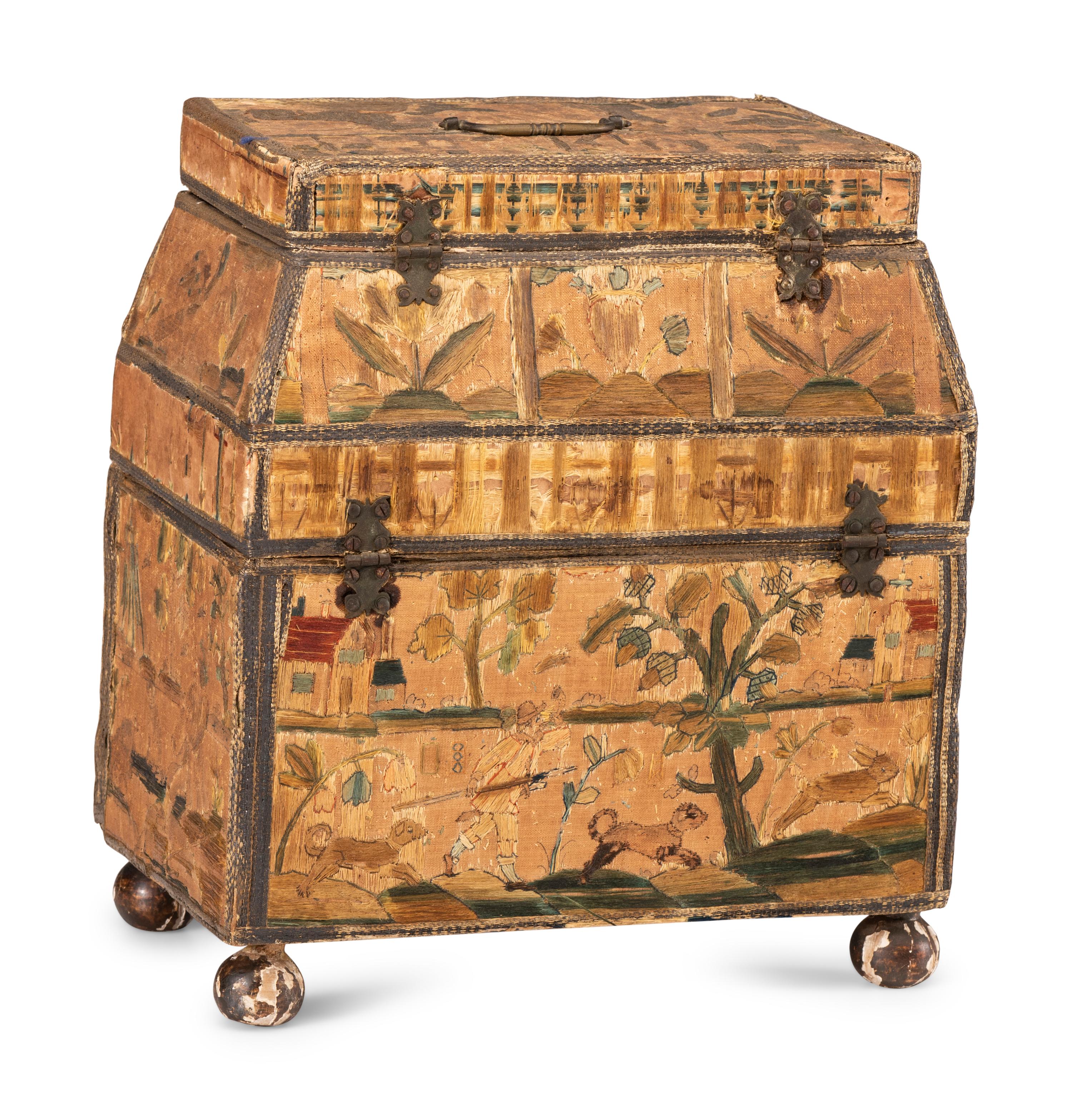 An English Silk and Metallic Thread Embroidered Jewelry Casket