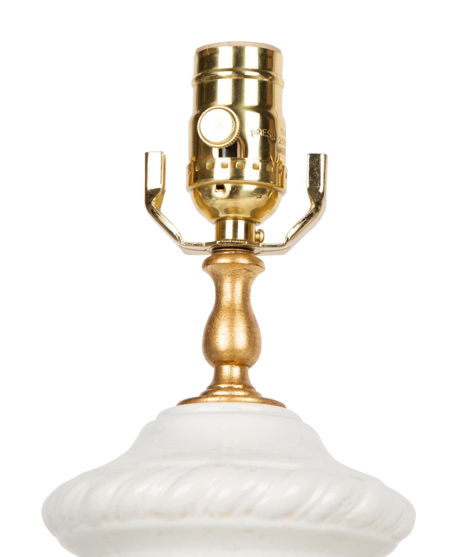 A Pair of Italian White-Glazed Shell-Molded Vases Mounted as Lamps — 20TH CENTURY