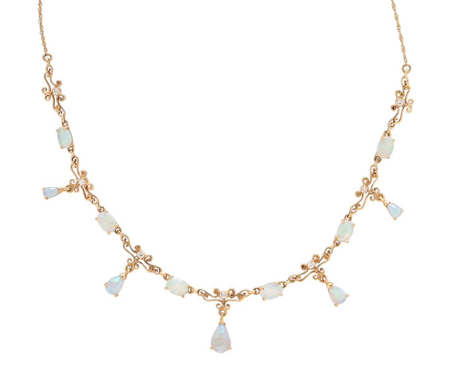 OPAL, DIAMOND, AND YELLOW GOLD NECKLACE AND BANGLE BRACELET