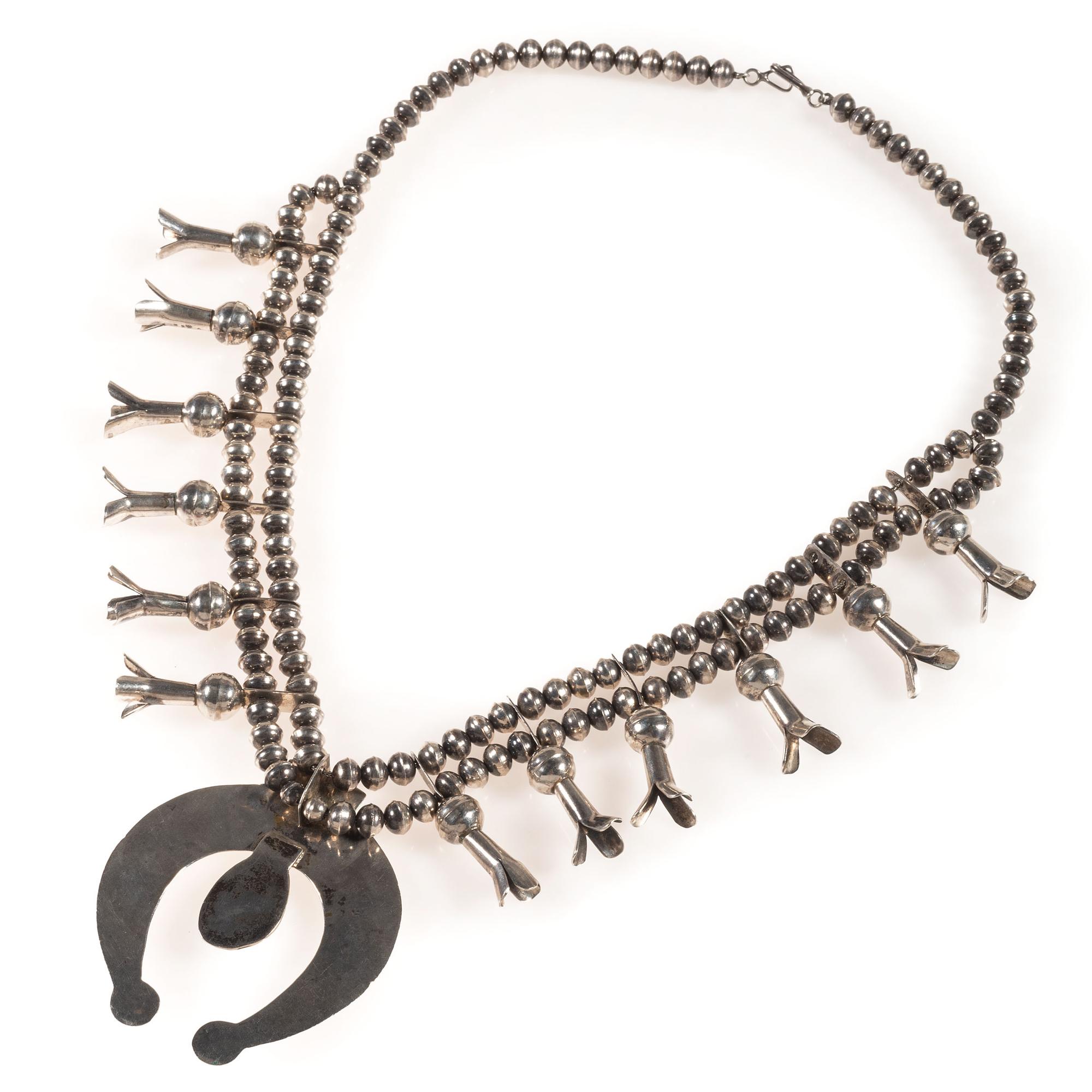 Navajo Silver and Turquoise Squash Blossom Necklace