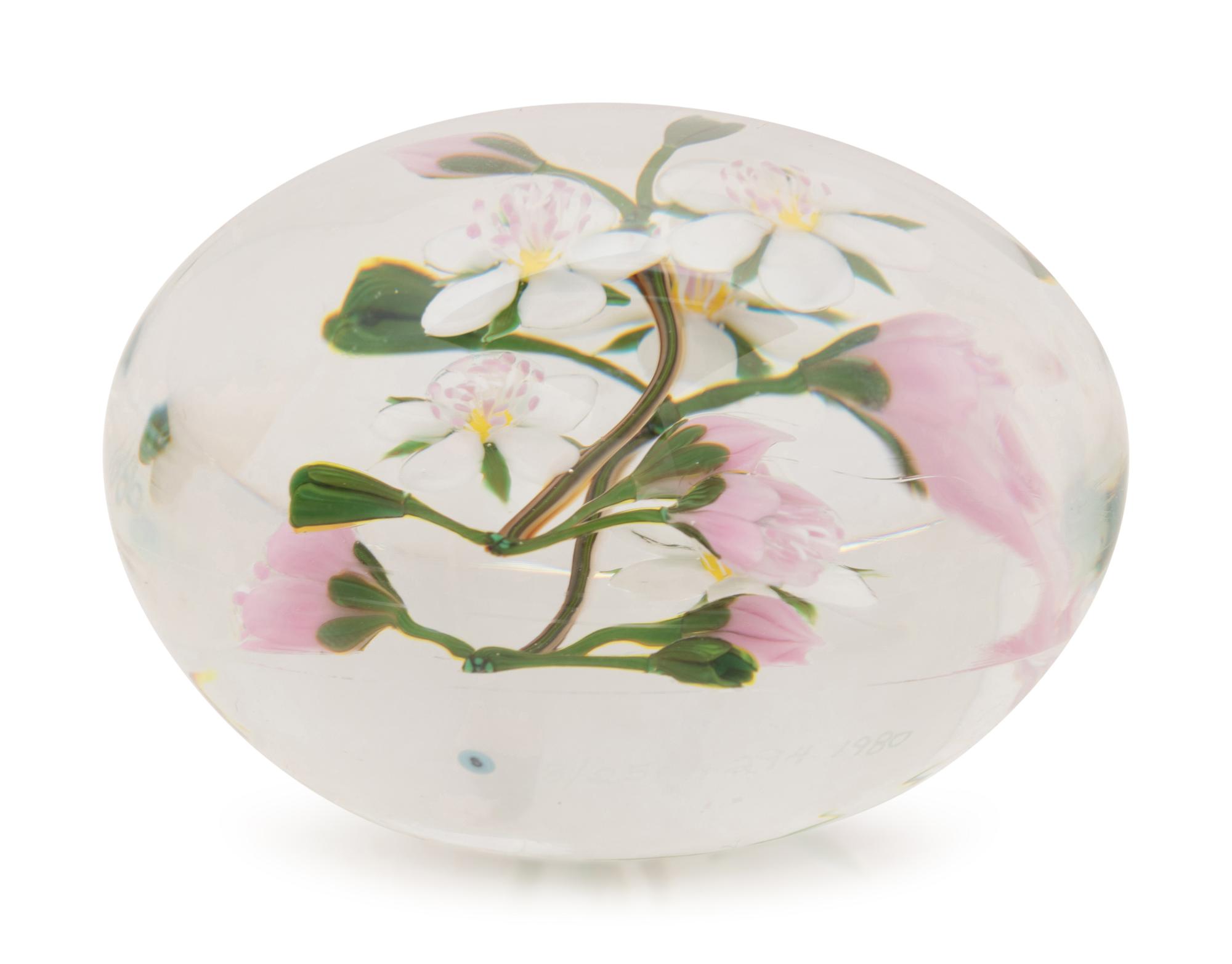 A Paul Stankard Pink and White Buds and Flowers Glass Paperweight