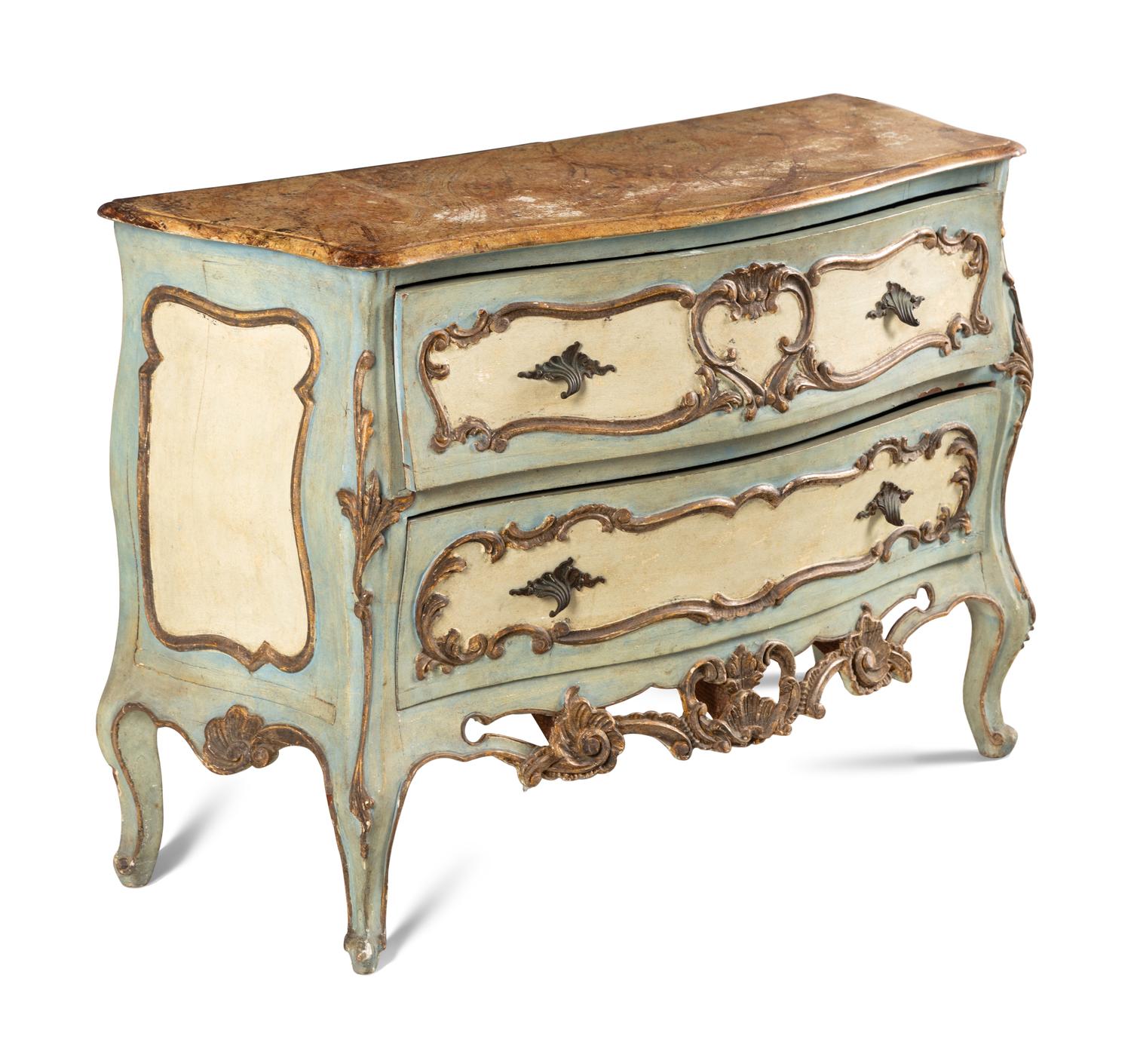 A Venetian Painted and Parcel Gilt Commode