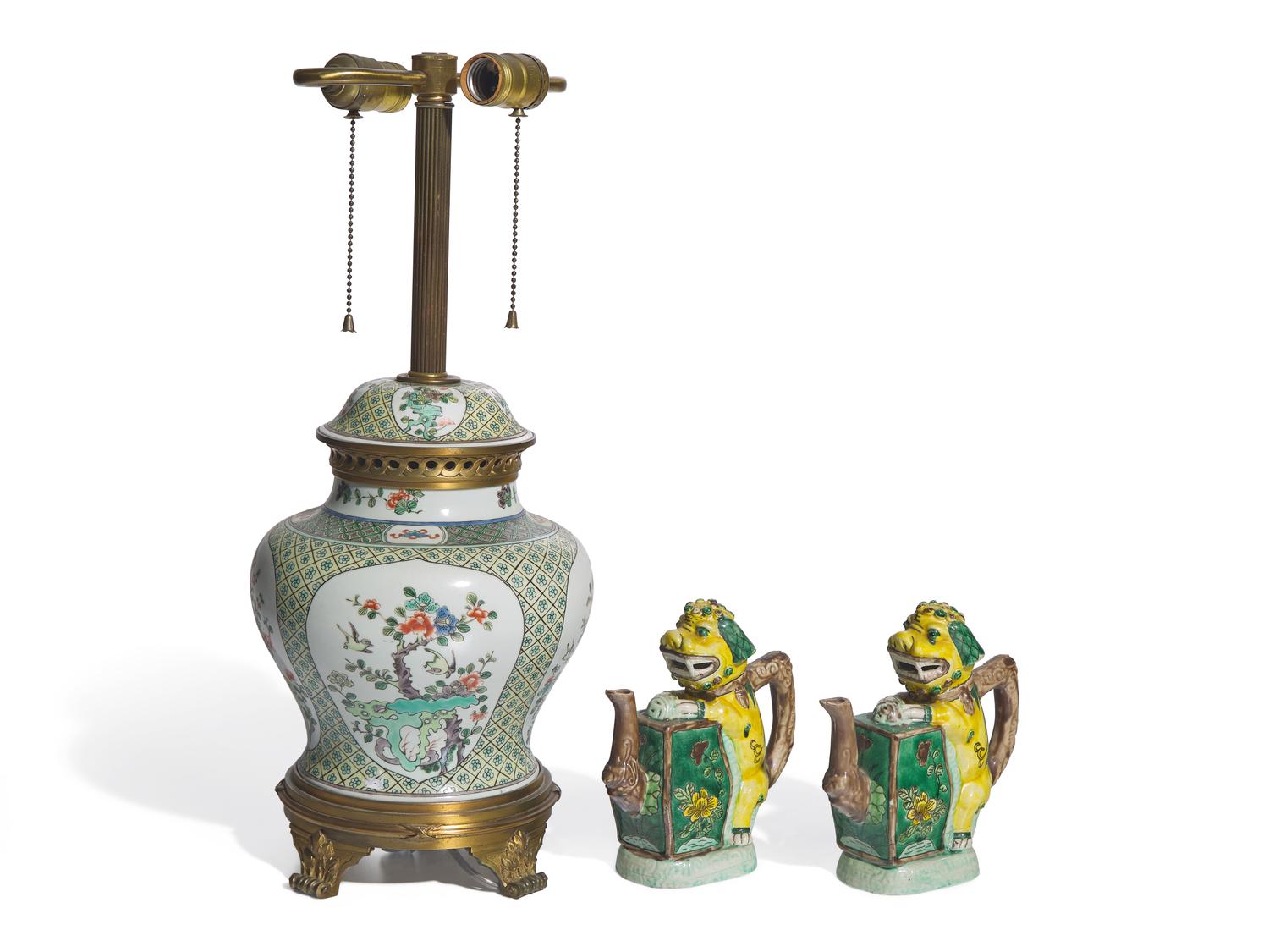 A Pair of Chinese Famille Verte Porcelain 'Fu Lion' Teapots and A Famille Verte Covered Jar