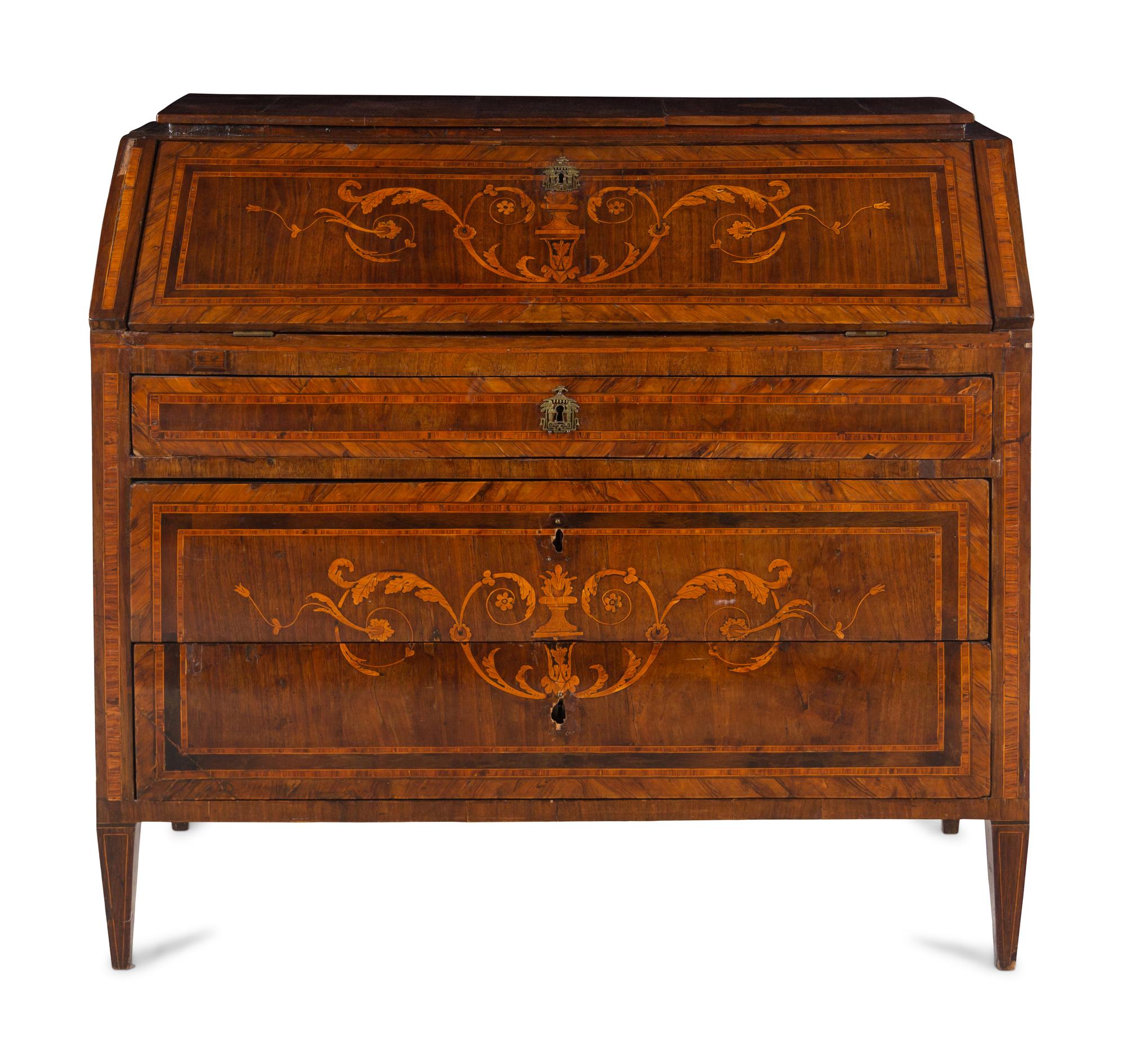 An Italian Walnut and Marquetry Slant-Front Bureau