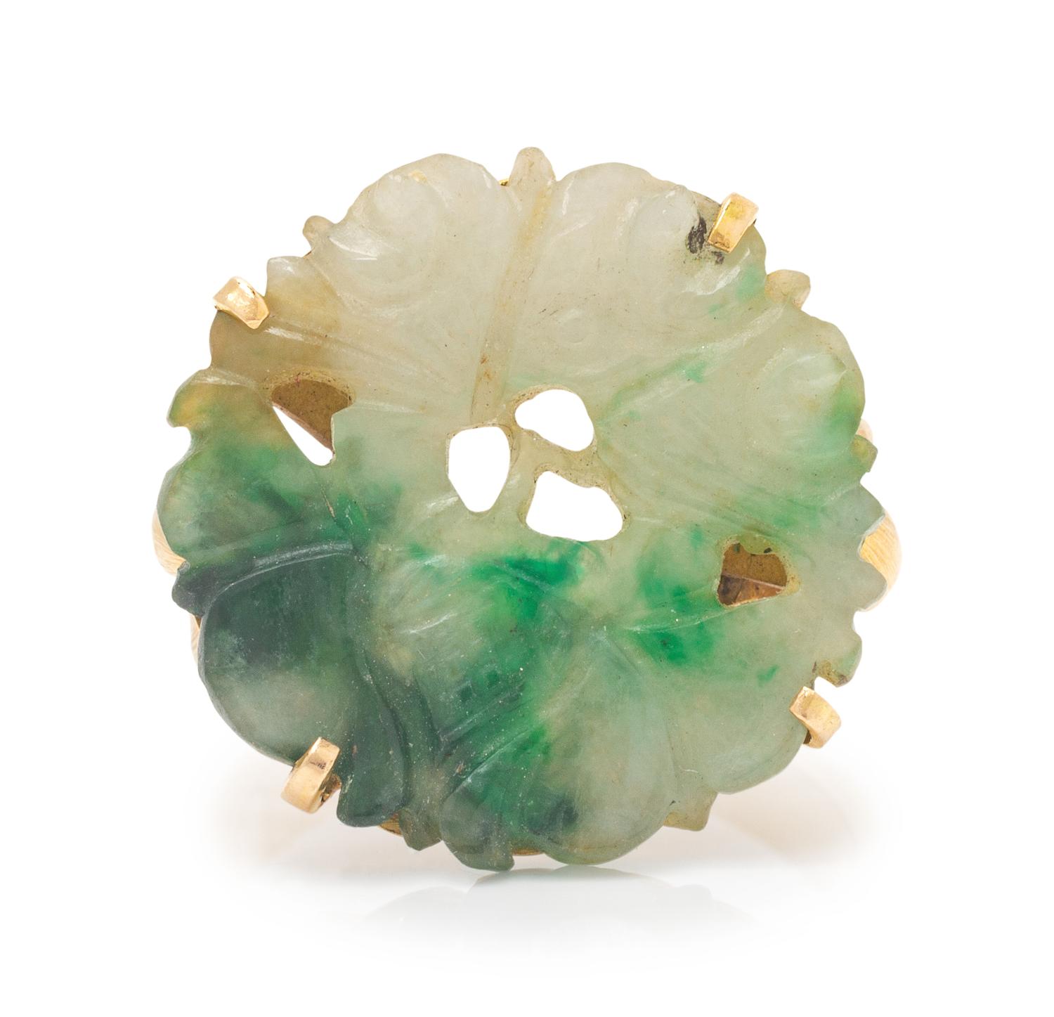 A 14 Karat Yellow Gold and Jade Ring,