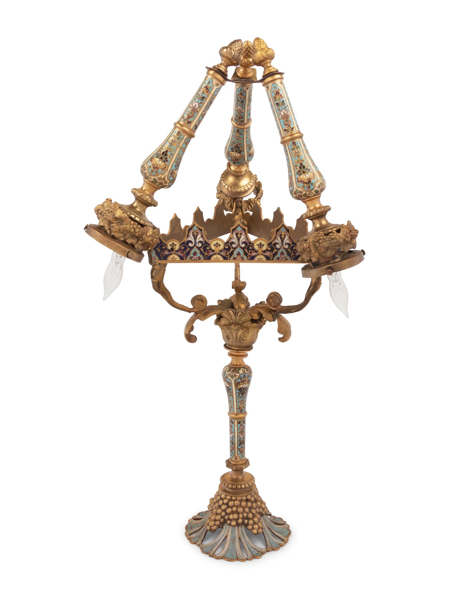 A Gilt Bronze and Champlevé Three-Light Table Lamp