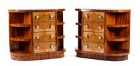A Pair of Art Deco Style Burlwood Consoles Height 35 x width 41 1/2 x depth 16 inches.