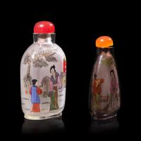 Two Inside Painted Snuff Bottles 玻璃 內畫人物圖鼻煙壺兩支