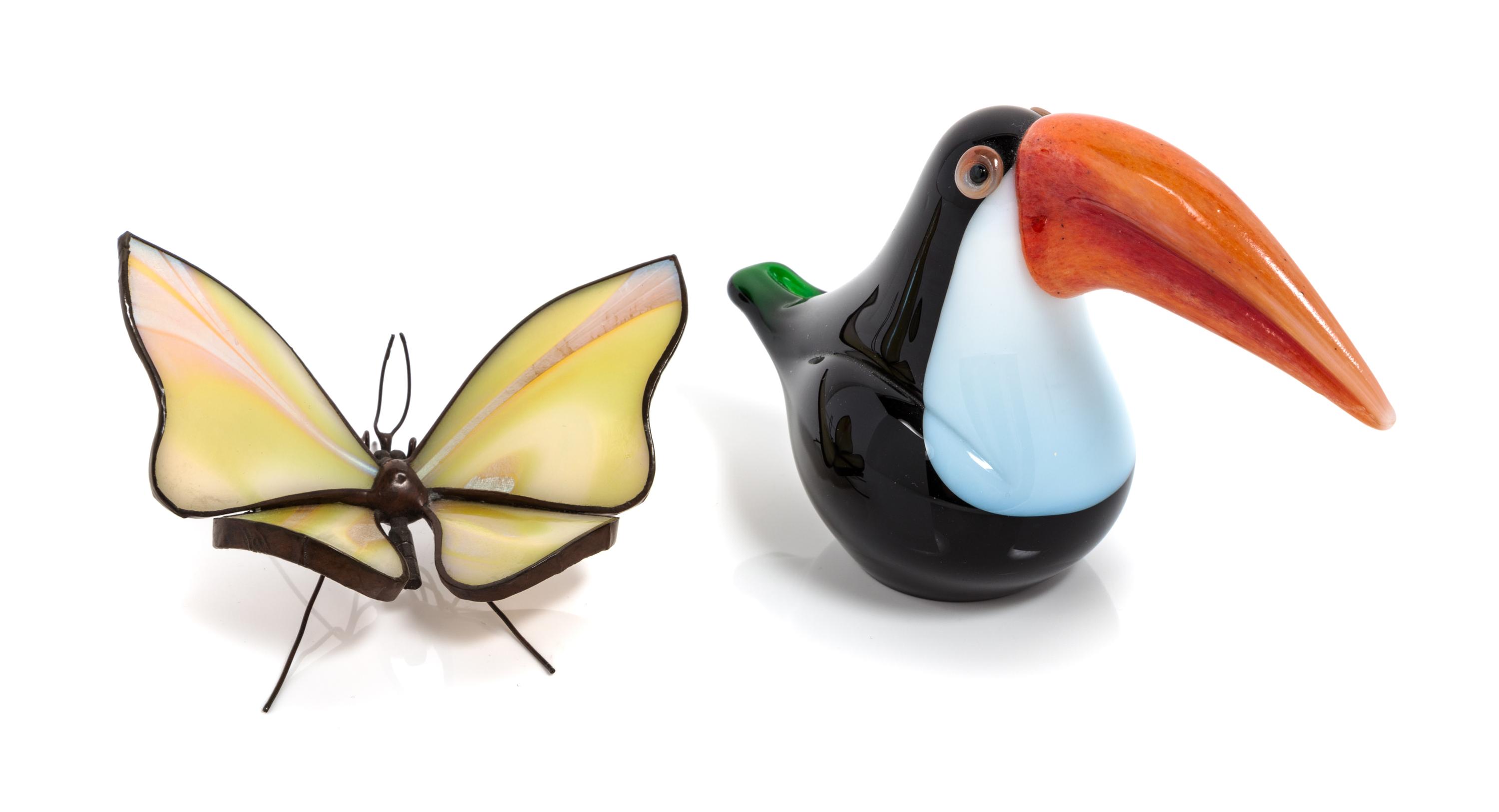 Orient & Flume, CHICO, CA, a group of two glass figures, comprising a toucan by Mike Shaw, and a butterfly dated May 1977