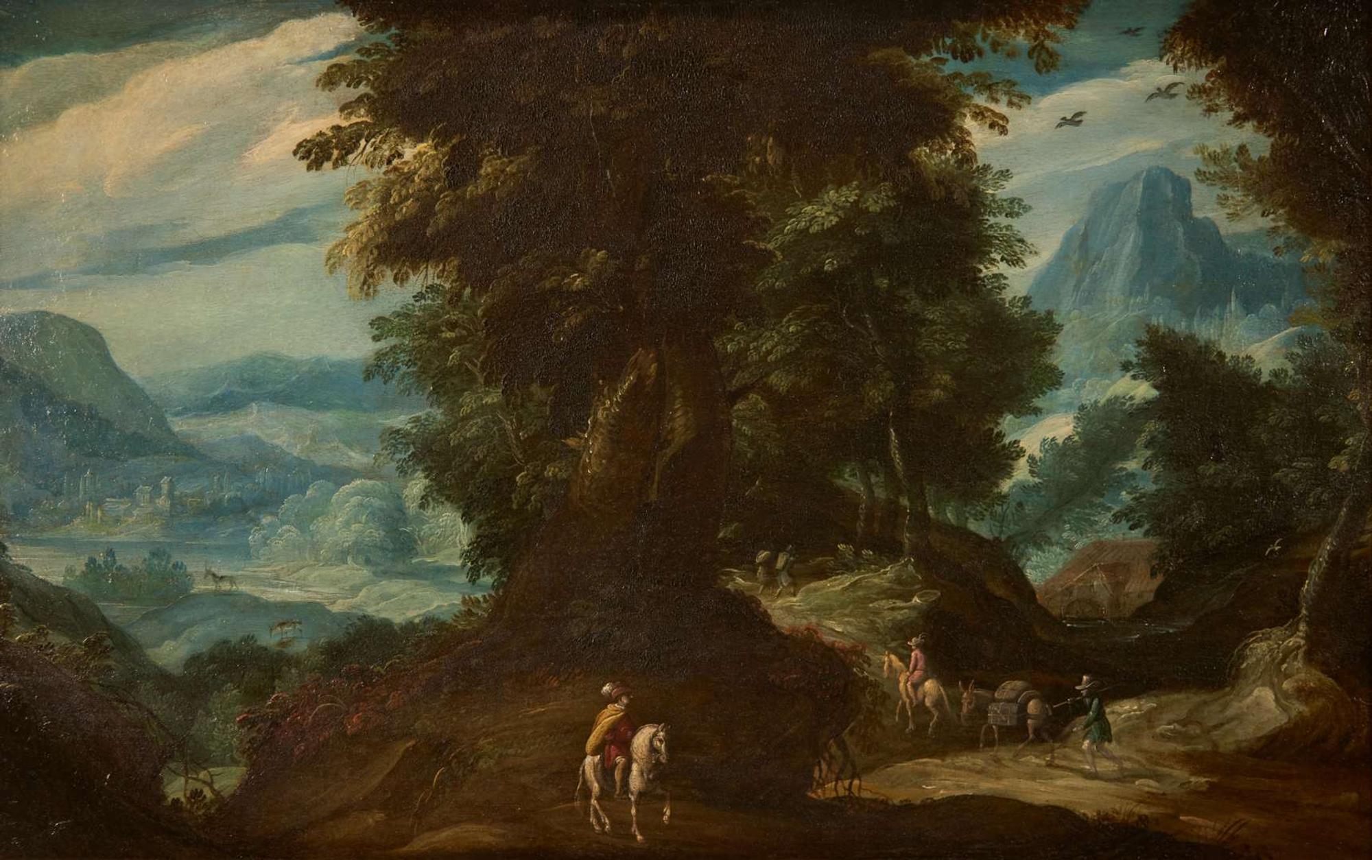 Circle of Abraham Govaerts (Flemish, 1589–1626) - A Mountainous Wooded Landscape with a Rider and Travelers on a Path by a Watermill