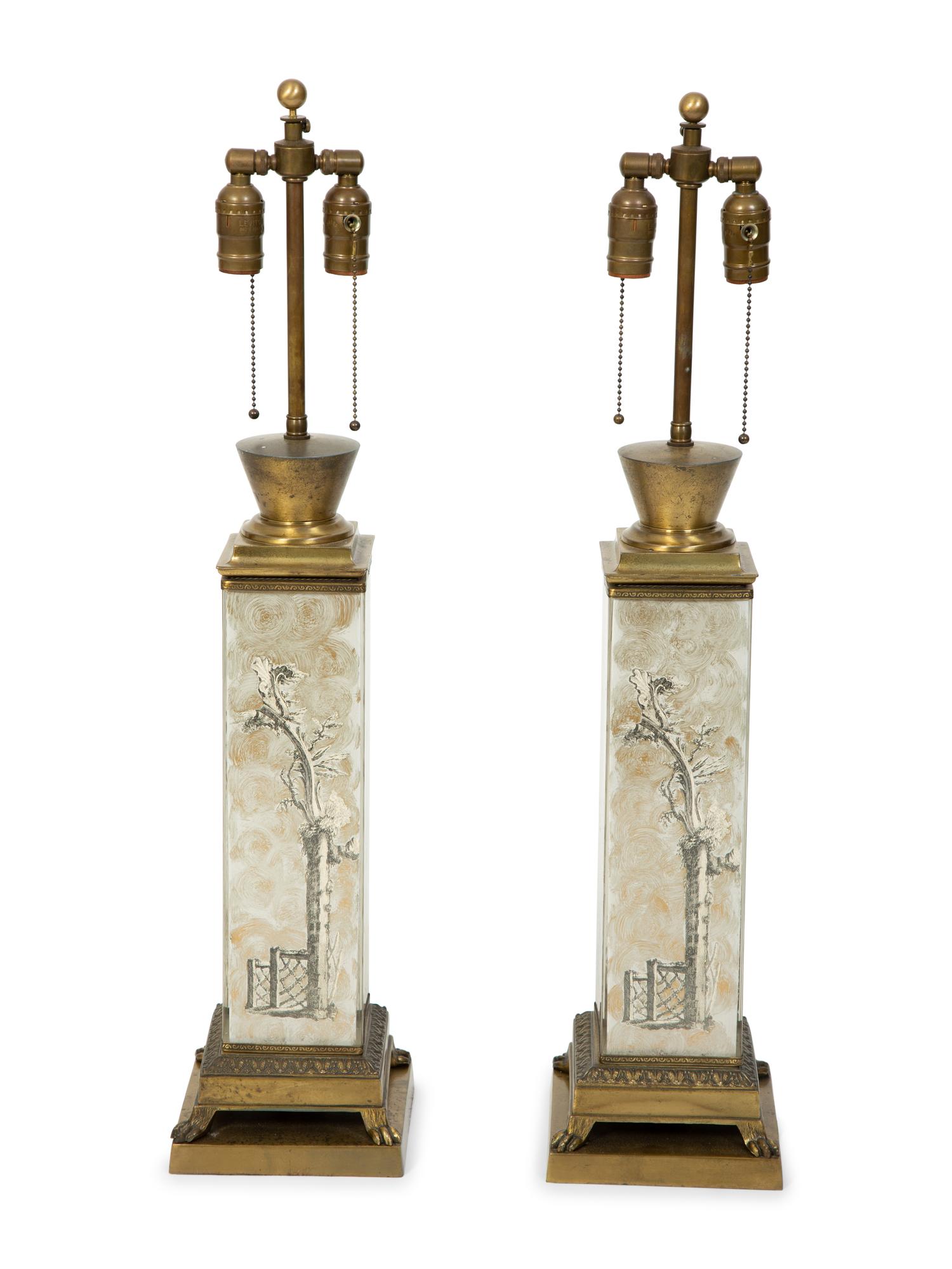 A Pair of French Eglomise Table Lamps in the Manner of Fornasetti — EARLY 20TH CENTURY