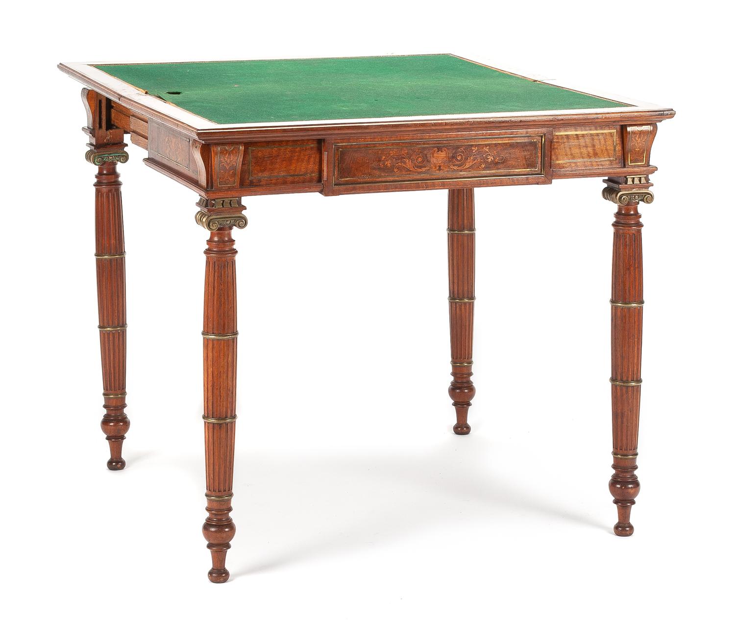 A French Bronze Mounted Mahogany and Marquetry Flip-Top Game Table Height 31 x width 33 3/4 x depth 18 inches. — 19TH CENTURY