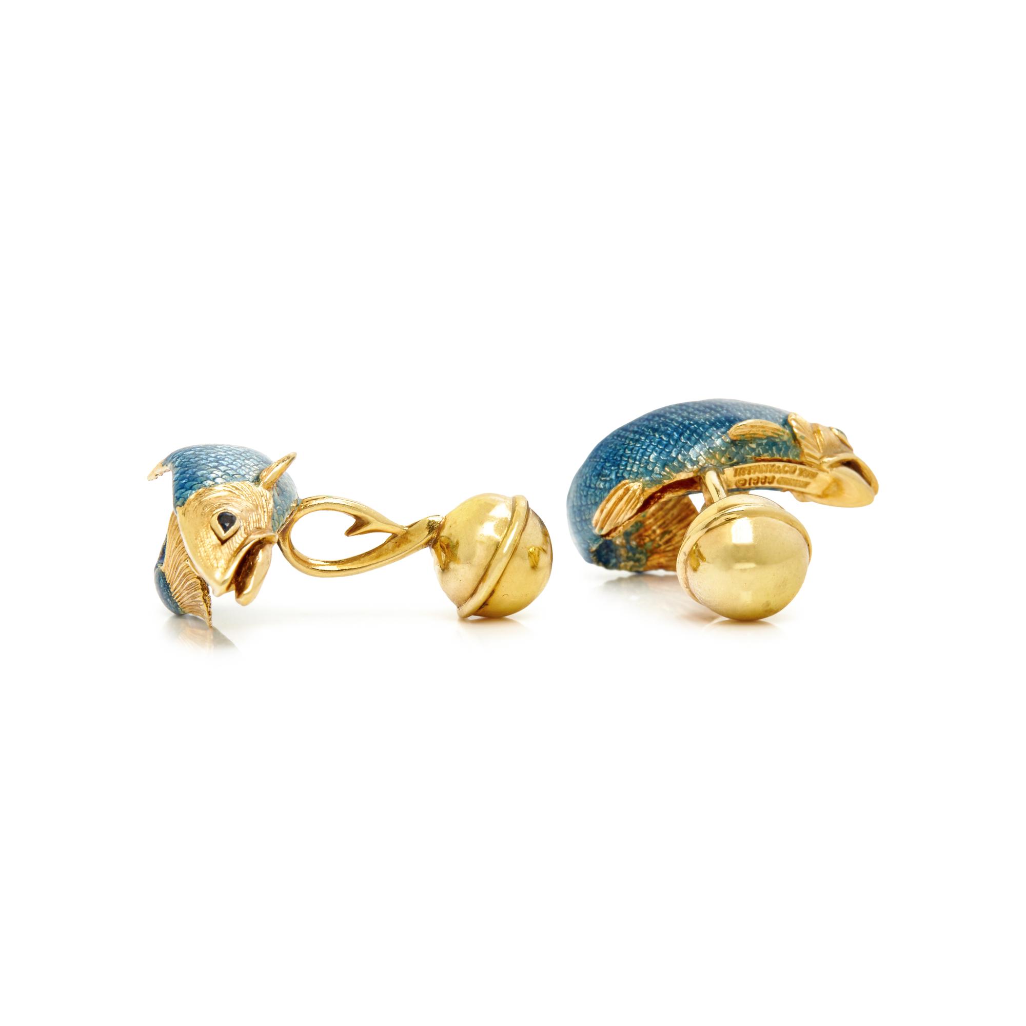 TIFFANY & CO., YELLOW GOLD AND ENAMEL FISH CUFFLINKS
