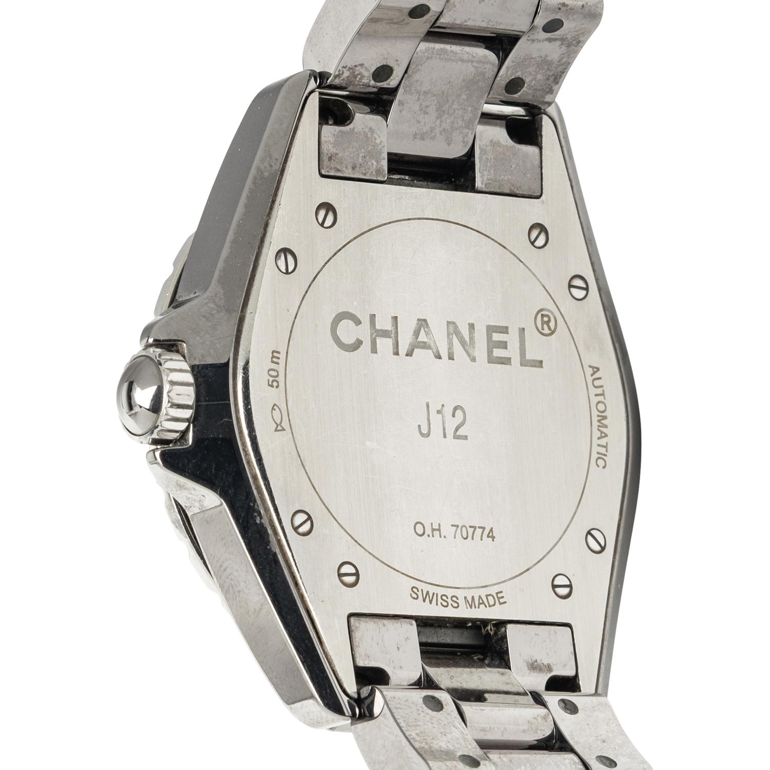CHANEL, 'J12' CERAMIC AND DIAMOND WATCH, BOX & EXTRA LINKS