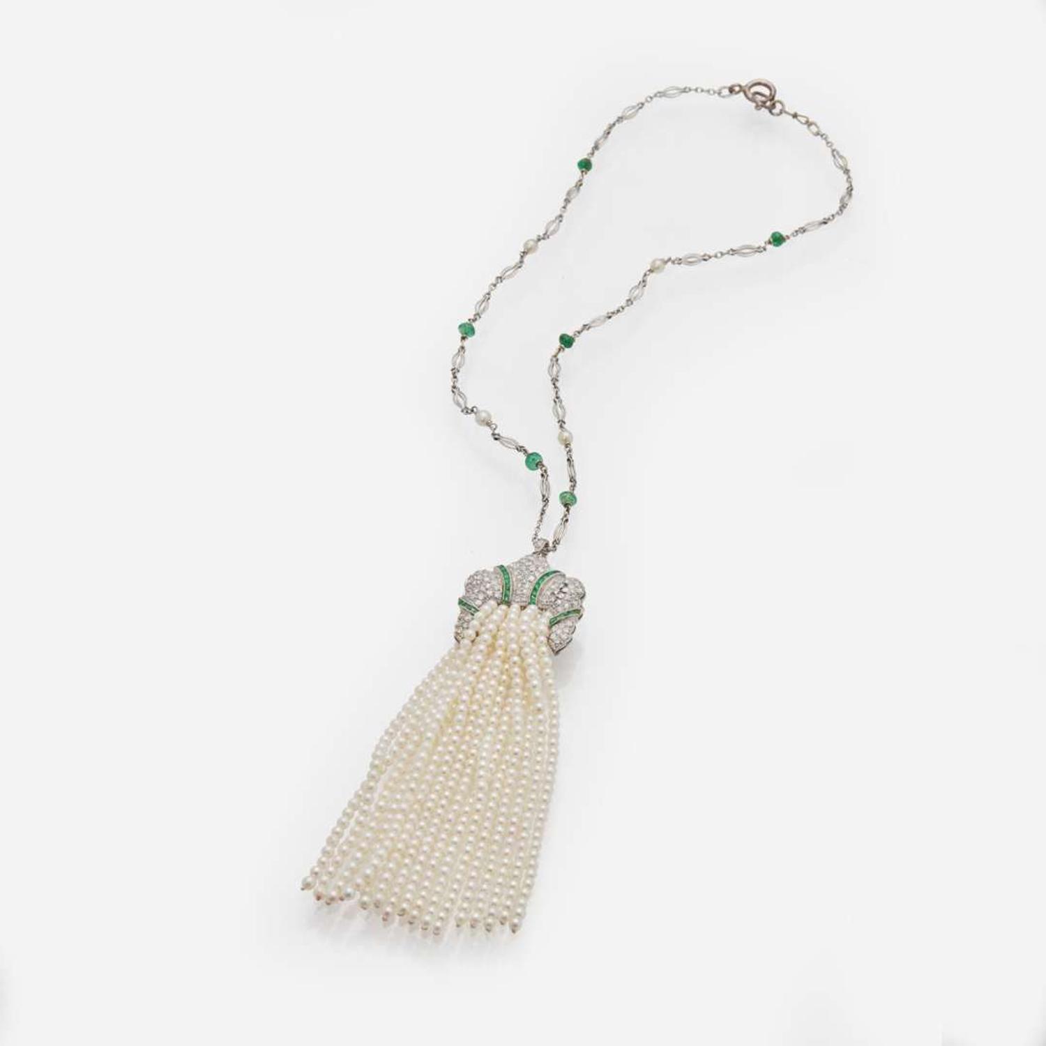 An Art Deco Diamond, Emerald, and Pearl Tassel Sautoir