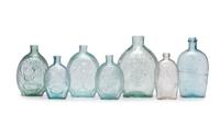 Seven Molded Glass Aqua and Clear Flasks