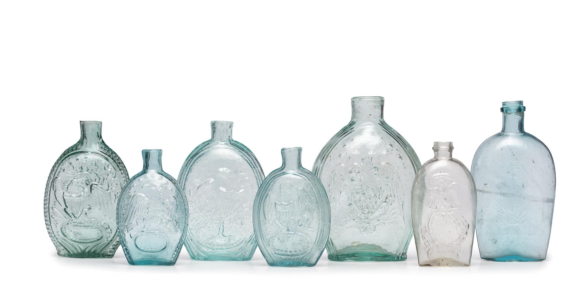 Seven Molded Glass Aqua and Clear Flasks