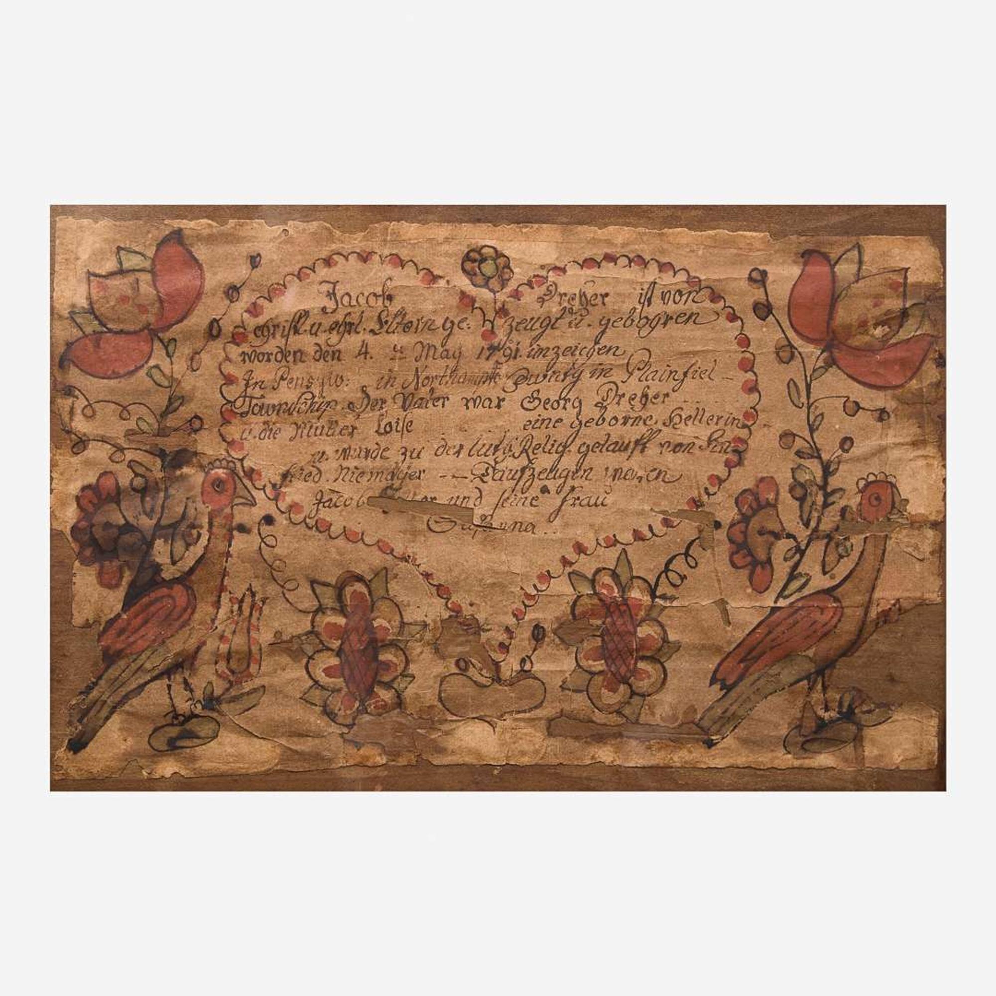 A red-painted blanket chest with Fraktur under lid Northampton County, PA, circa 1800