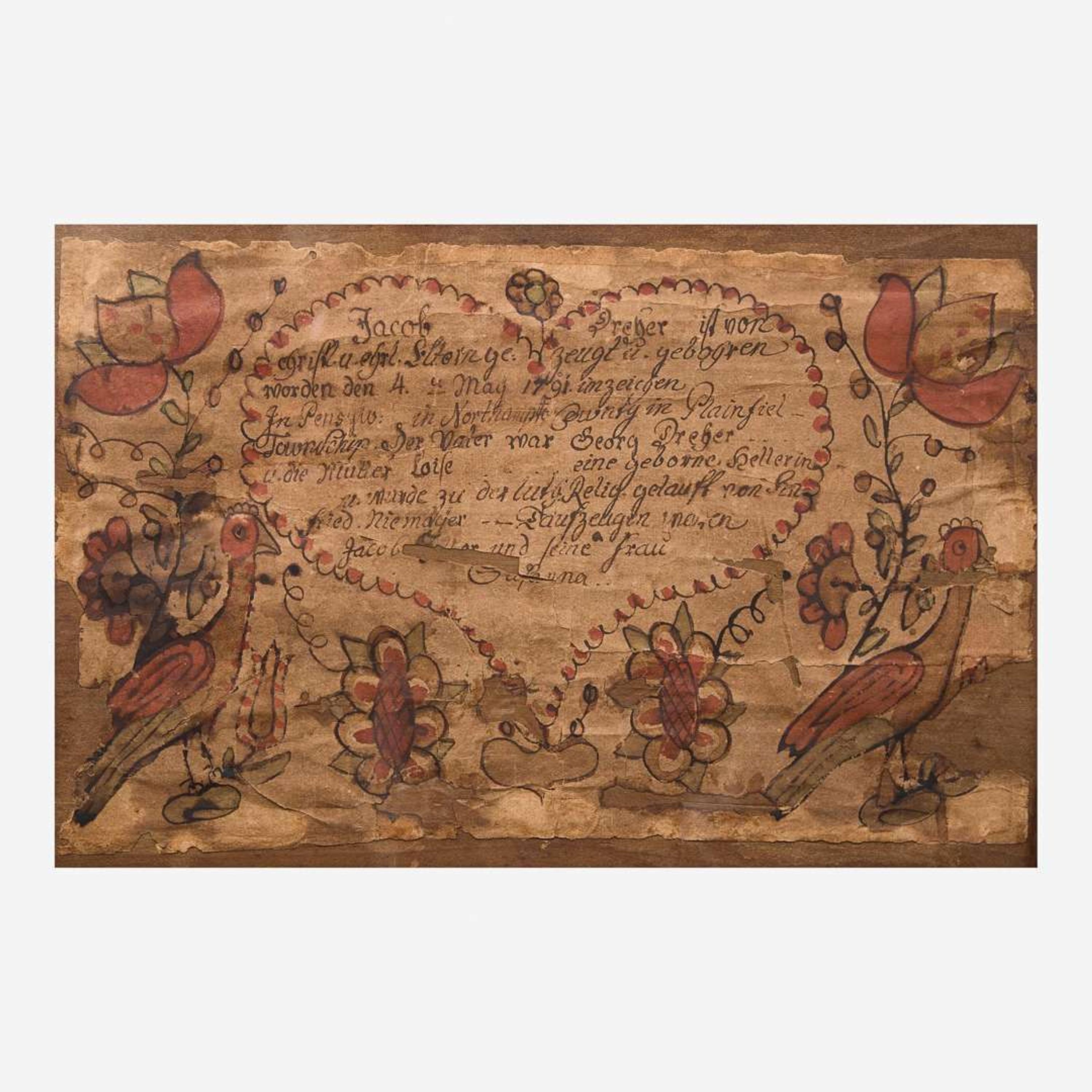 A red-painted blanket chest with Fraktur under lid Northampton County, PA, circa 1800