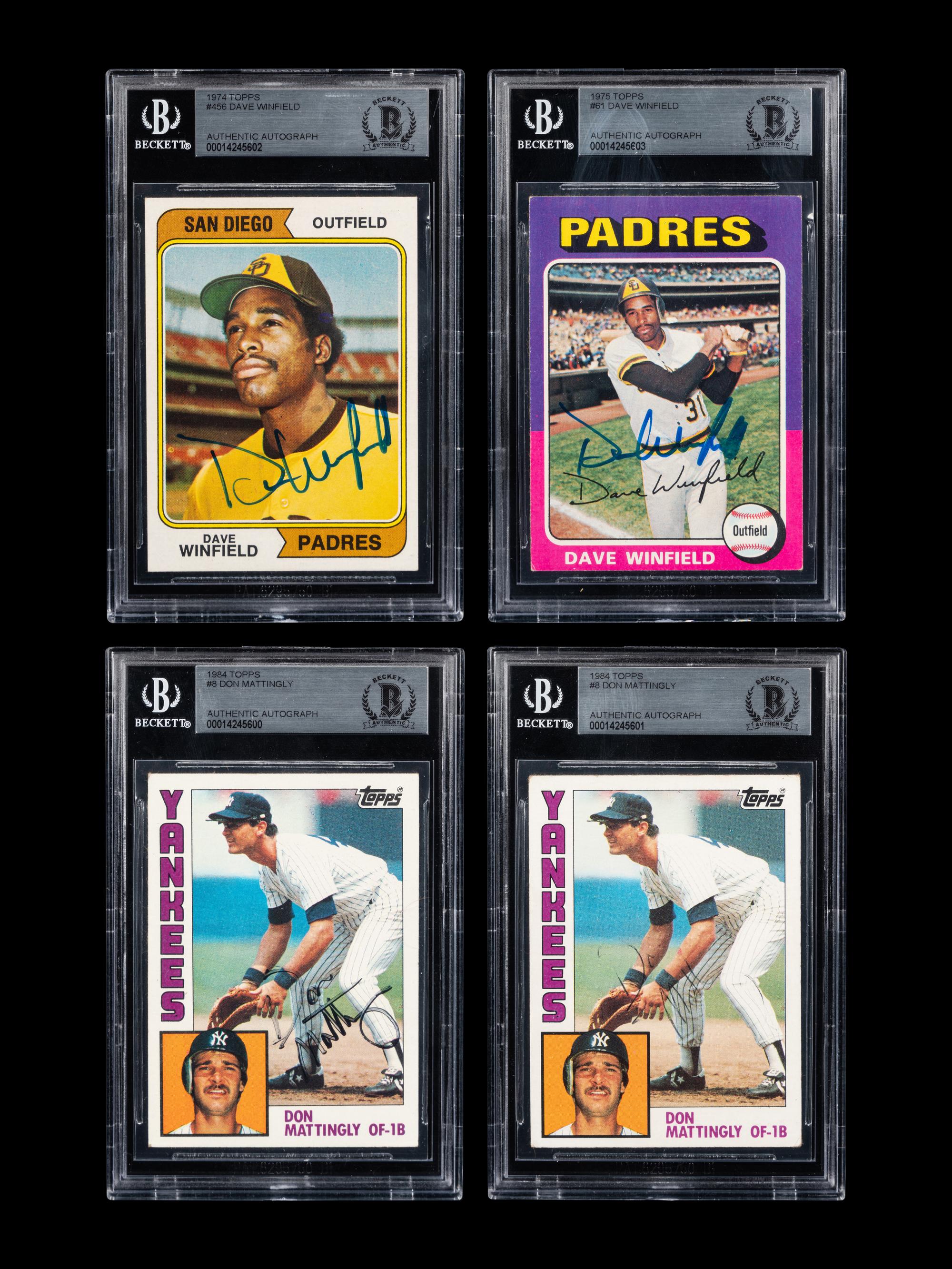 A Group of Four Dave Winfield and Don Mattingly Signed Baseball Cards Including Autographed Rookies of Both