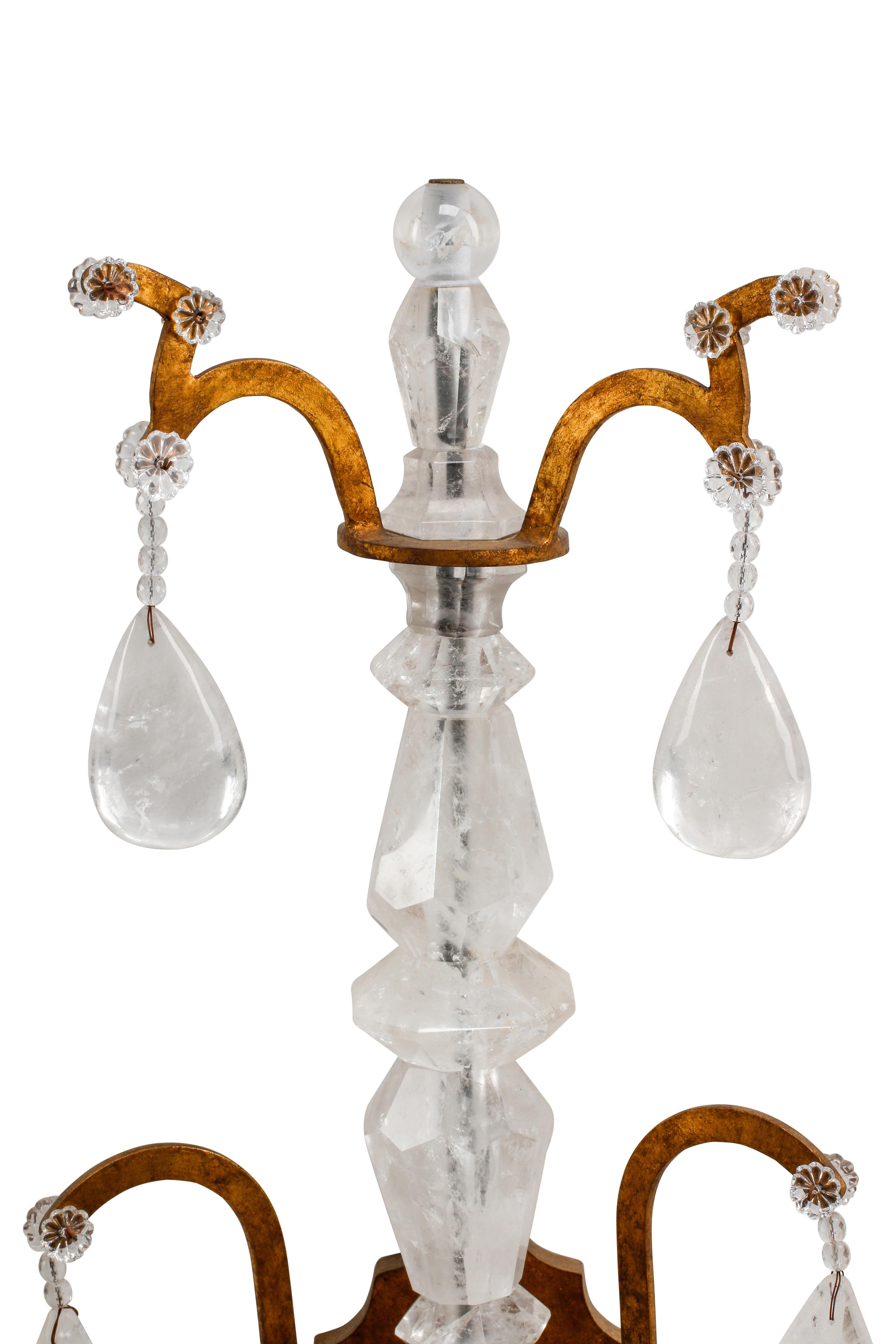A Pair of Spanish Style Gilt Iron and Rock Crystal Two-Light Sconces