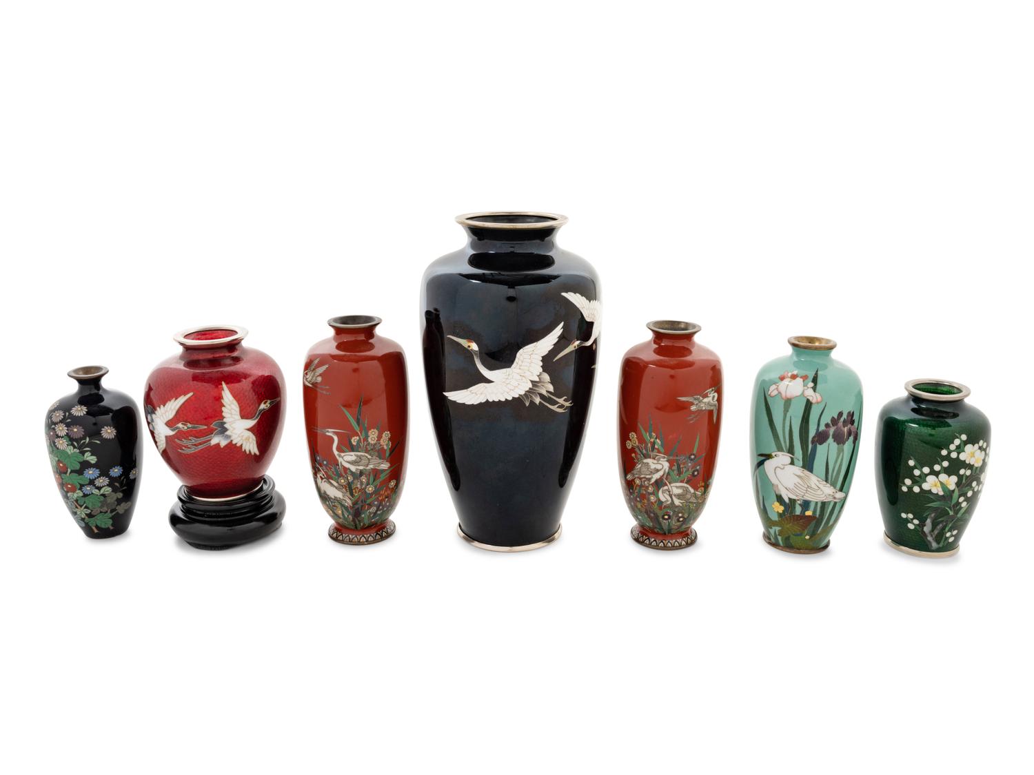 Seven Japanese Cloisonné Enamel Cabinet Vases