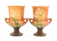 A Pair of Roseville Iris Pottery Vases Height 8 1/4 inches.