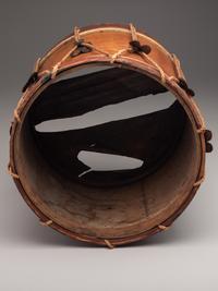 [MILITARIA]. Possibly Mexican War painted drum featuring ornate tack design, with drumsticks.