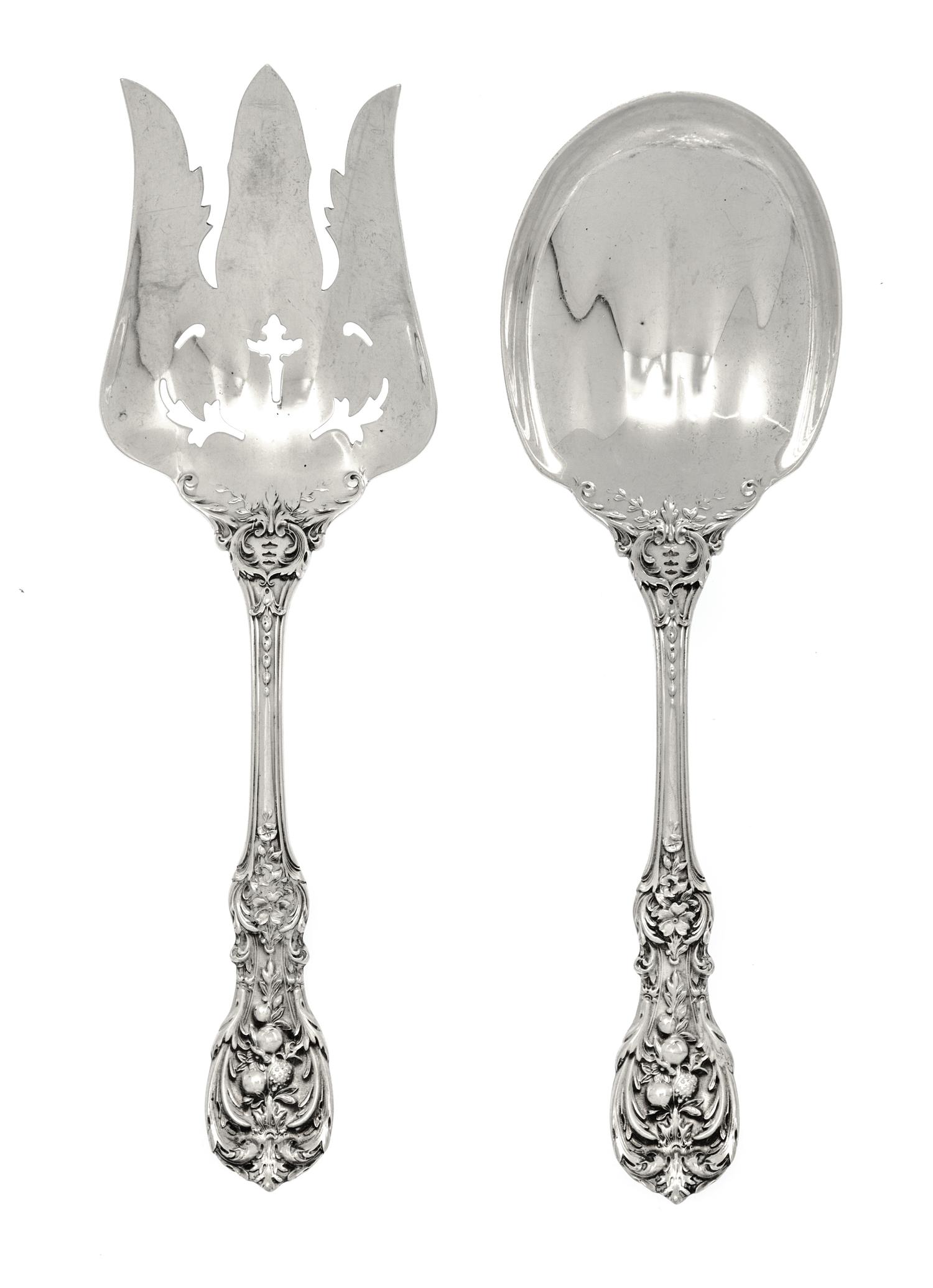 An American Silver Salad Set, Reed & Barton, Taunton, MA., Mid 20th Century, Francis I pattern, comprising a salad serving fork and spo