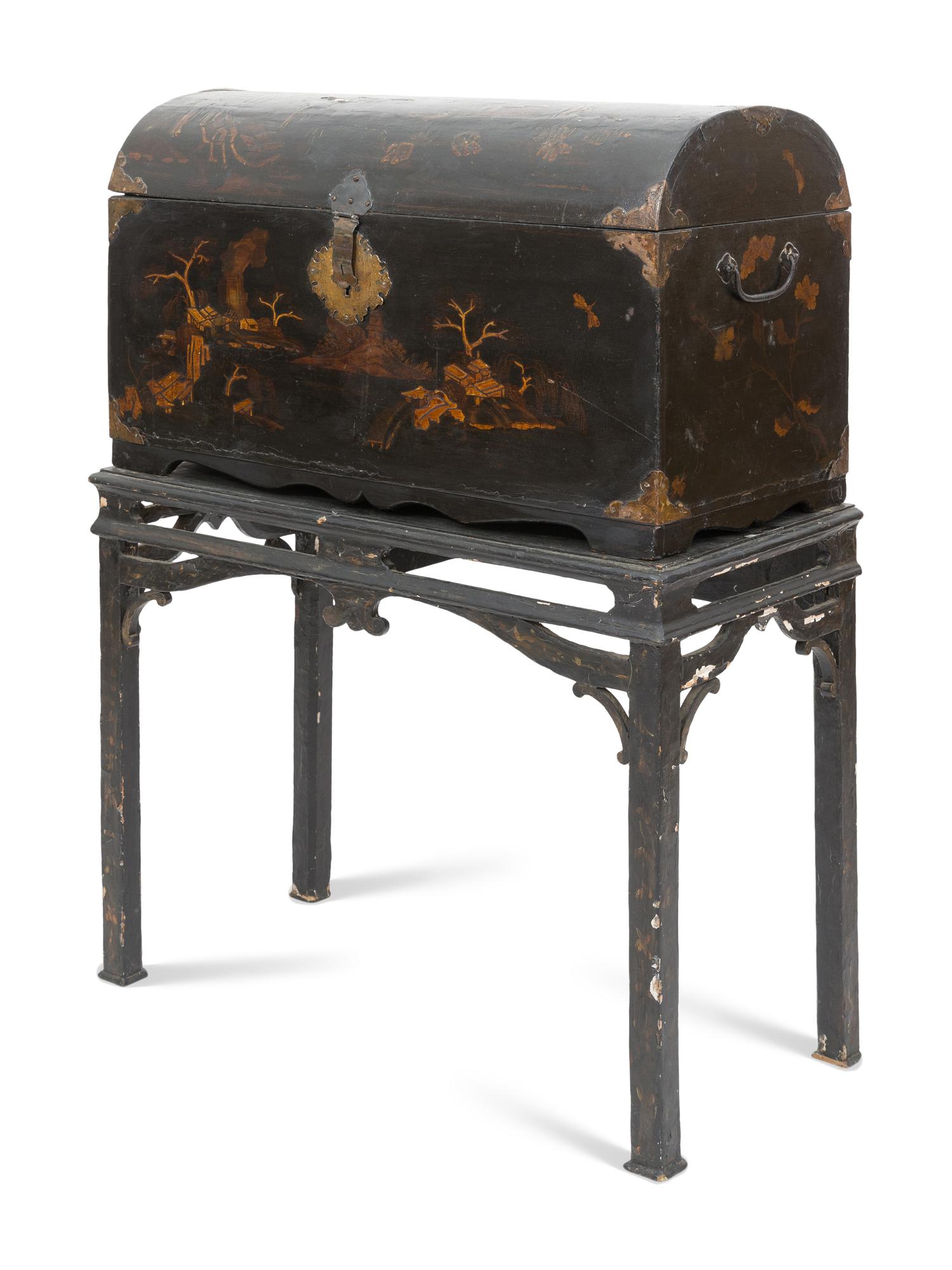 A Chinese Export Black Lacquered Trunk on Stand
