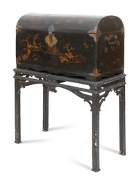 A Chinese Export Black Lacquered Trunk on Stand