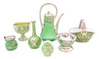 A Group of Silver Overlay Porcelain Articles Height of tallest 8 1/4 inches.