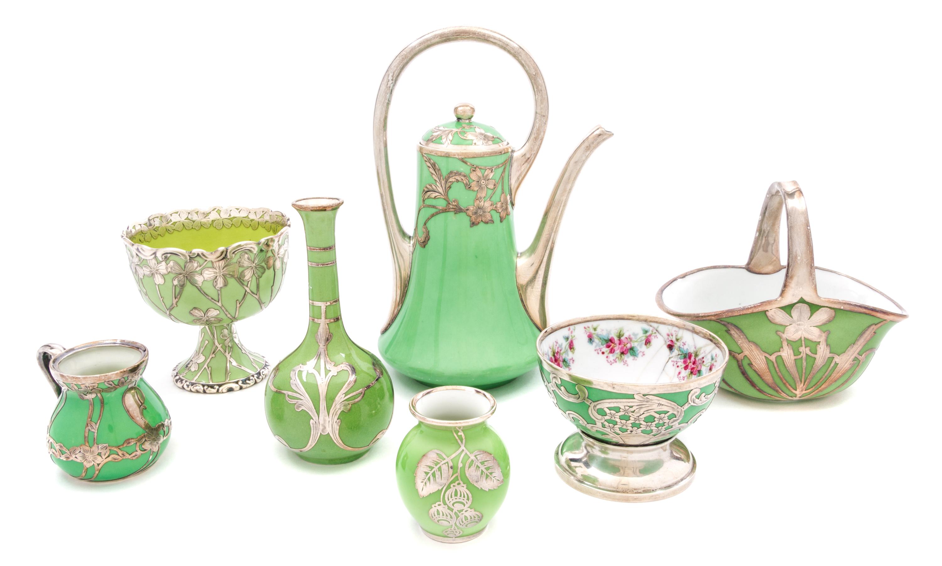 A Group of Silver Overlay Porcelain Articles Height of tallest 8 1/4 inches.
