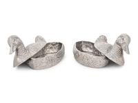 A Pair of Silvered Metal Duck-Form Boxes