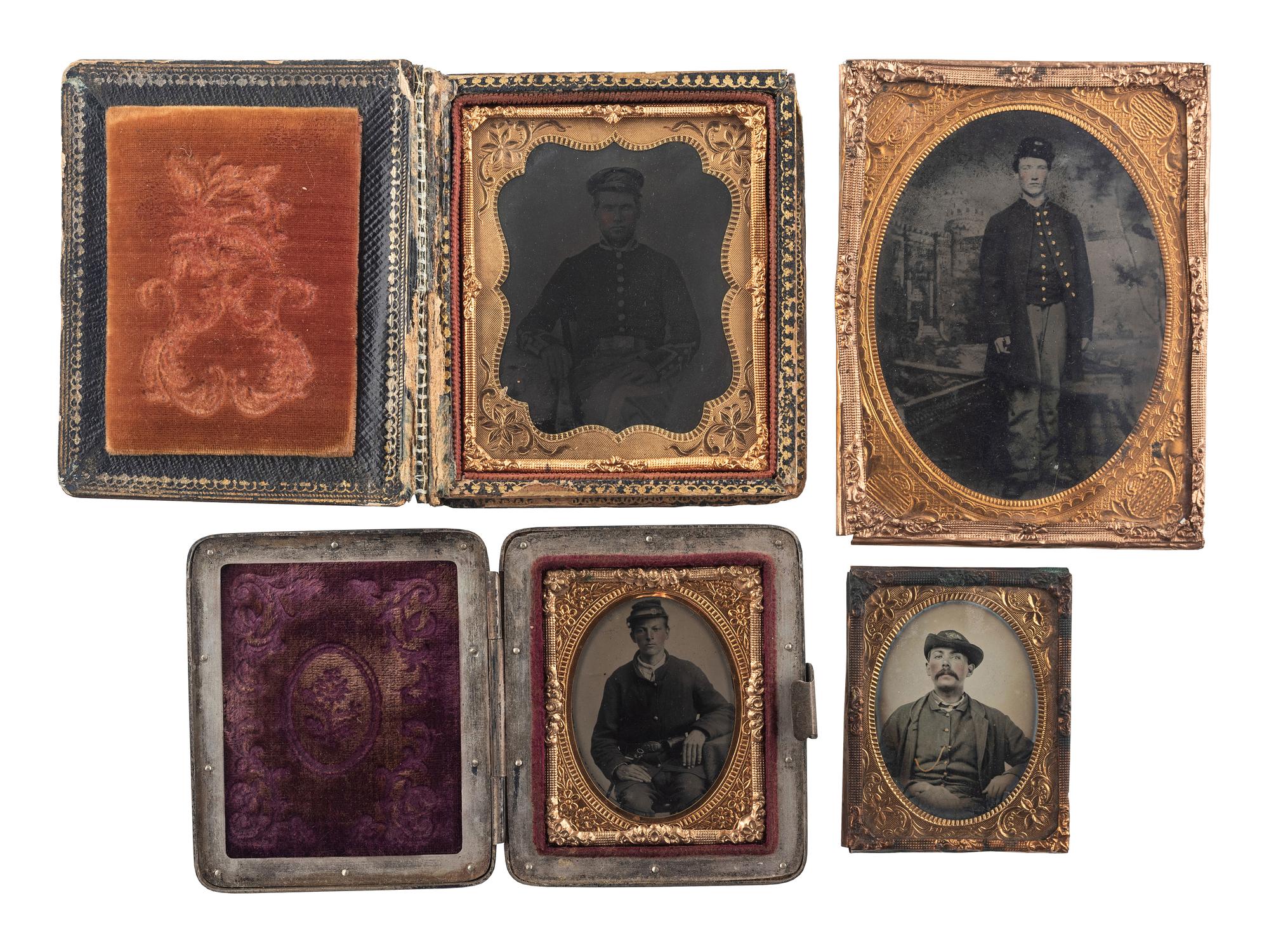 [CIVIL WAR]. A group of 9 ambrotypes and tintypes of Civil War soldiers, some armed, comprising: