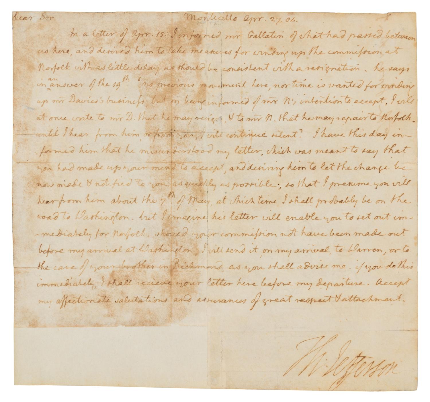 JEFFERSON, Thomas (1743-1826). Autographed letter signed ("Th. Jefferson"), as President, to Wilson Cary Nicholas, 27 April 1804.
