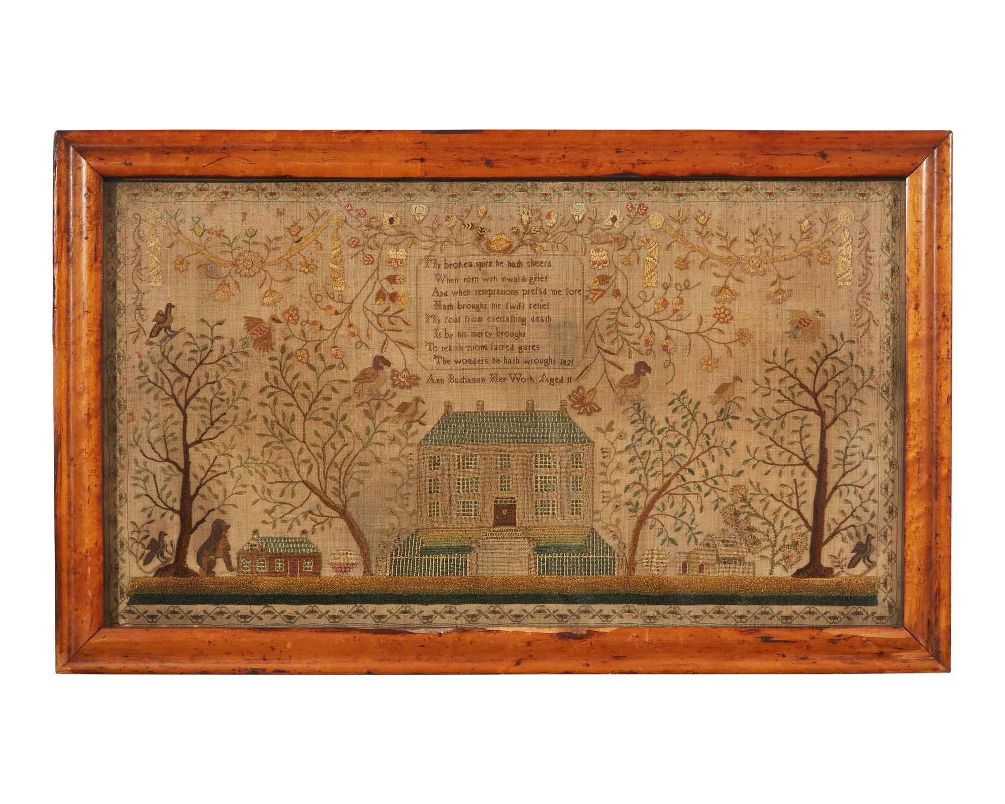 A finely worked needlework sampler, by Ann Buchanan, dated "1821"