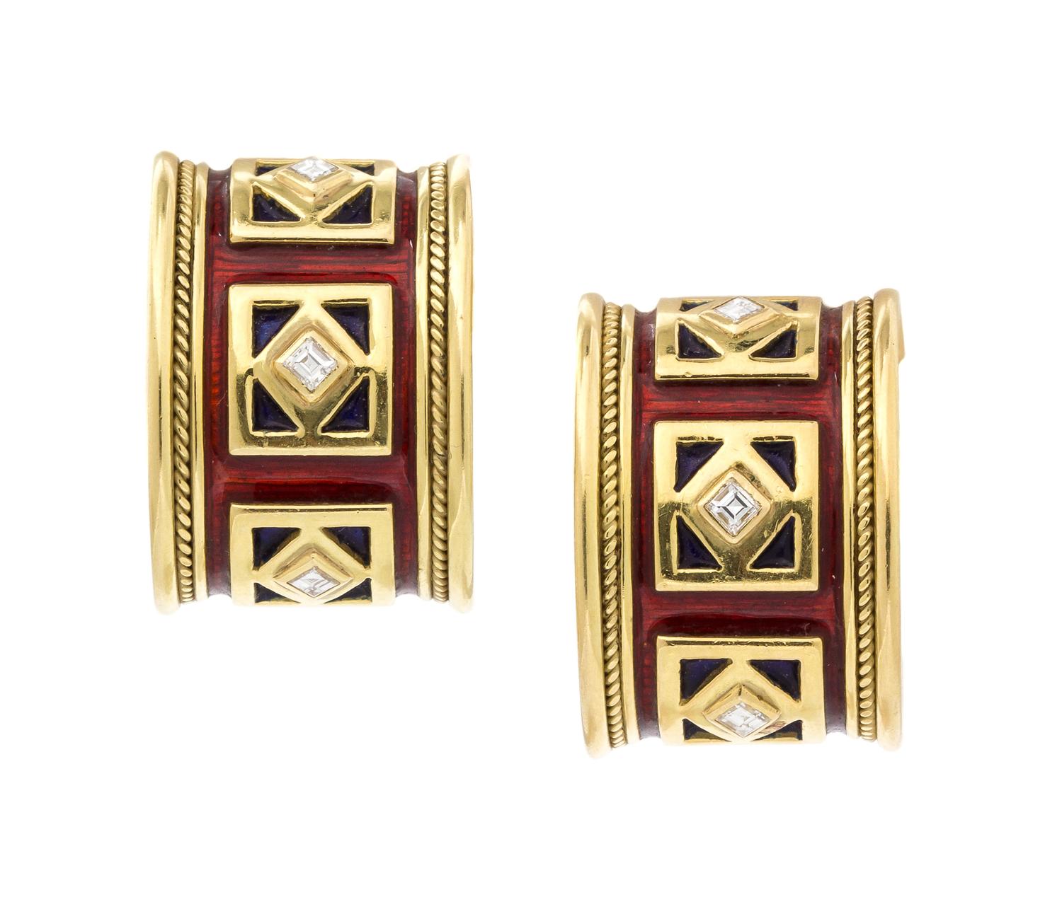 A Pair of 18 Karat Yellow Gold, Diamond and Polychrome Enamel Earclips, Elizabeth Gage, 20.90 dwts.