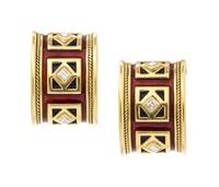 A Pair of 18 Karat Yellow Gold, Diamond and Polychrome Enamel Earclips, Elizabeth Gage, 20.90 dwts.
