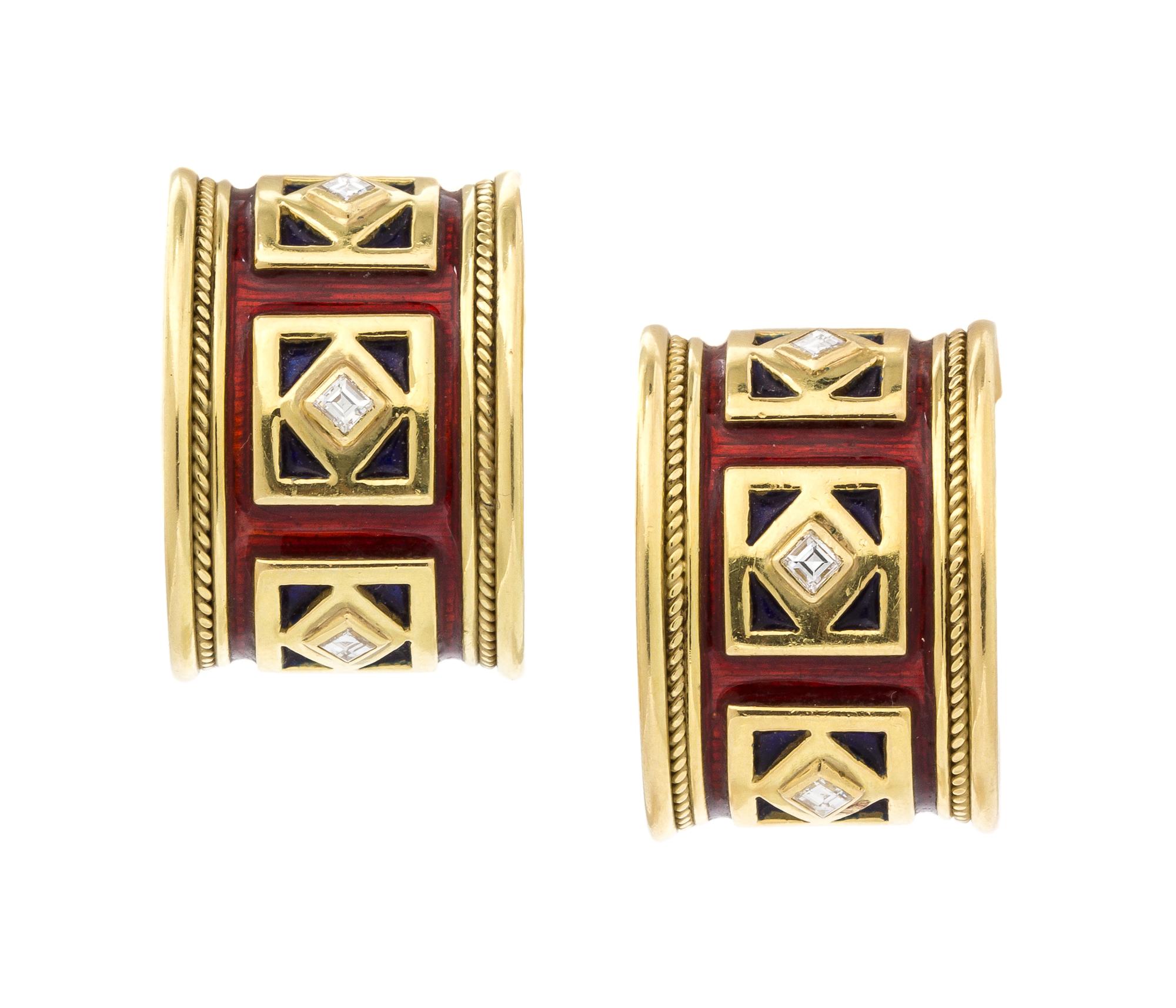 A Pair of 18 Karat Yellow Gold, Diamond and Polychrome Enamel Earclips, Elizabeth Gage, 20.90 dwts.