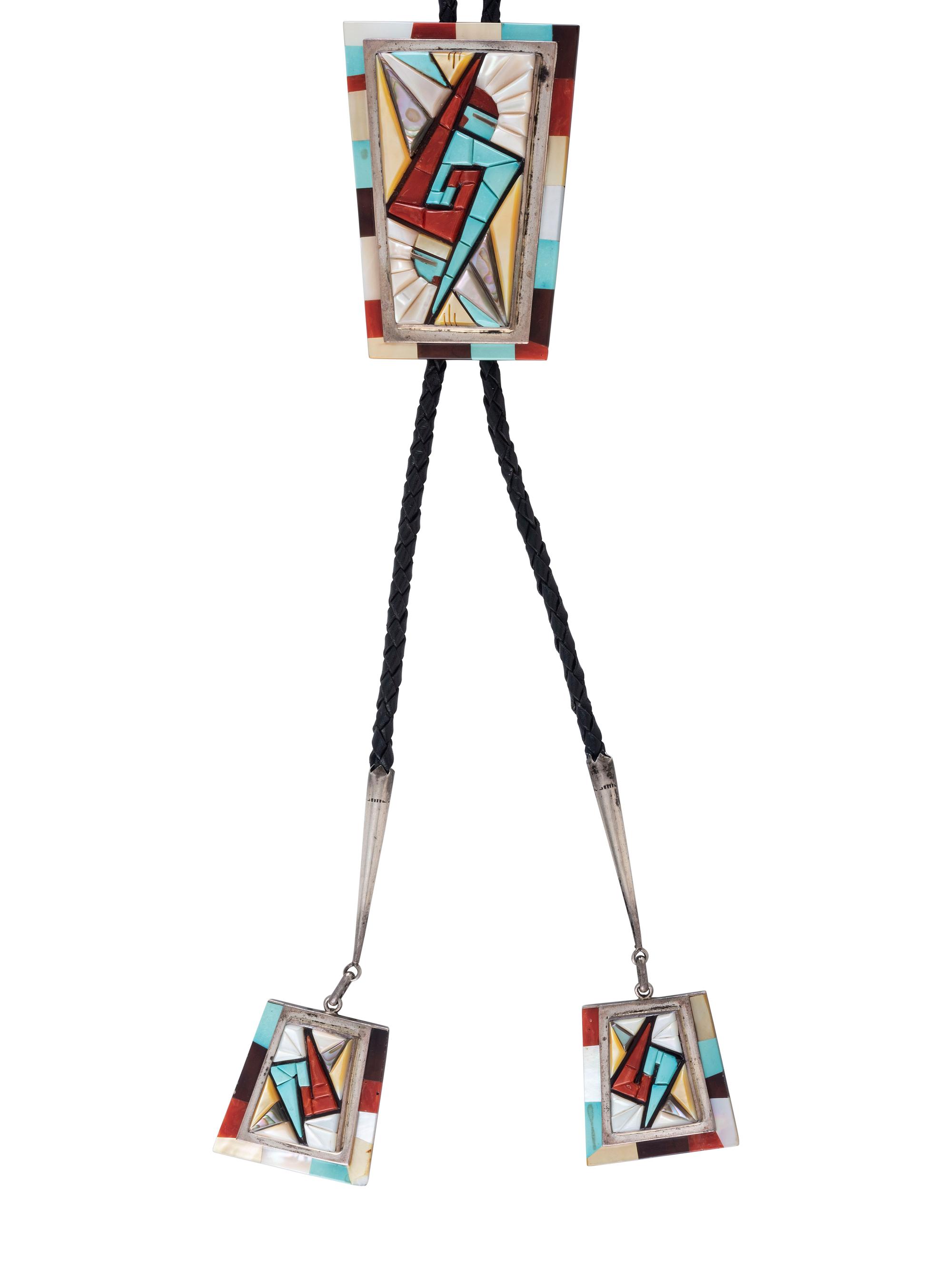 Matching Silver and Mosaic Inlay Bolo Tie and Belt Buckle