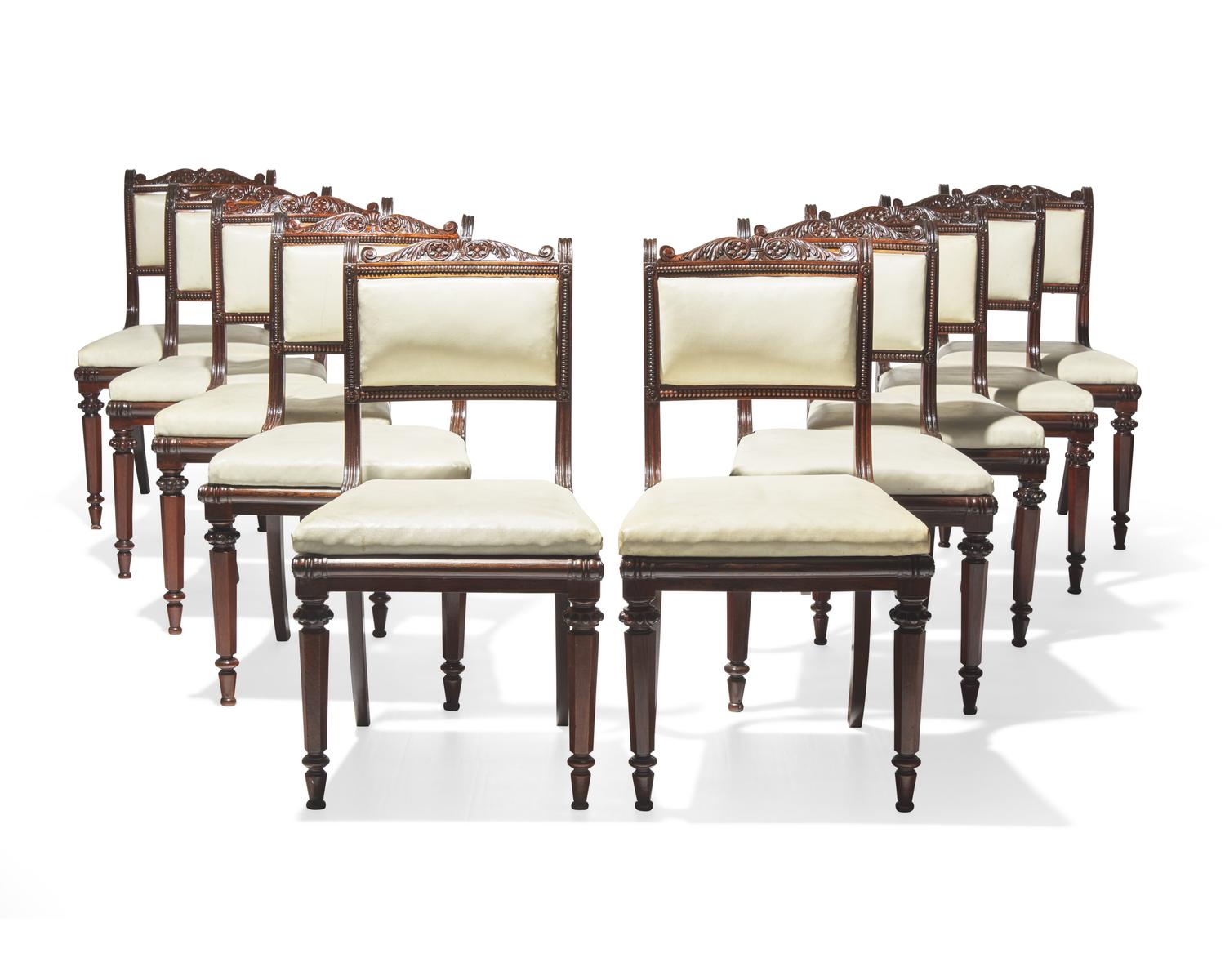 A rare set of ten Anglo-Indian Neoclassical carved hardwood side chairs, circa 1830-1840