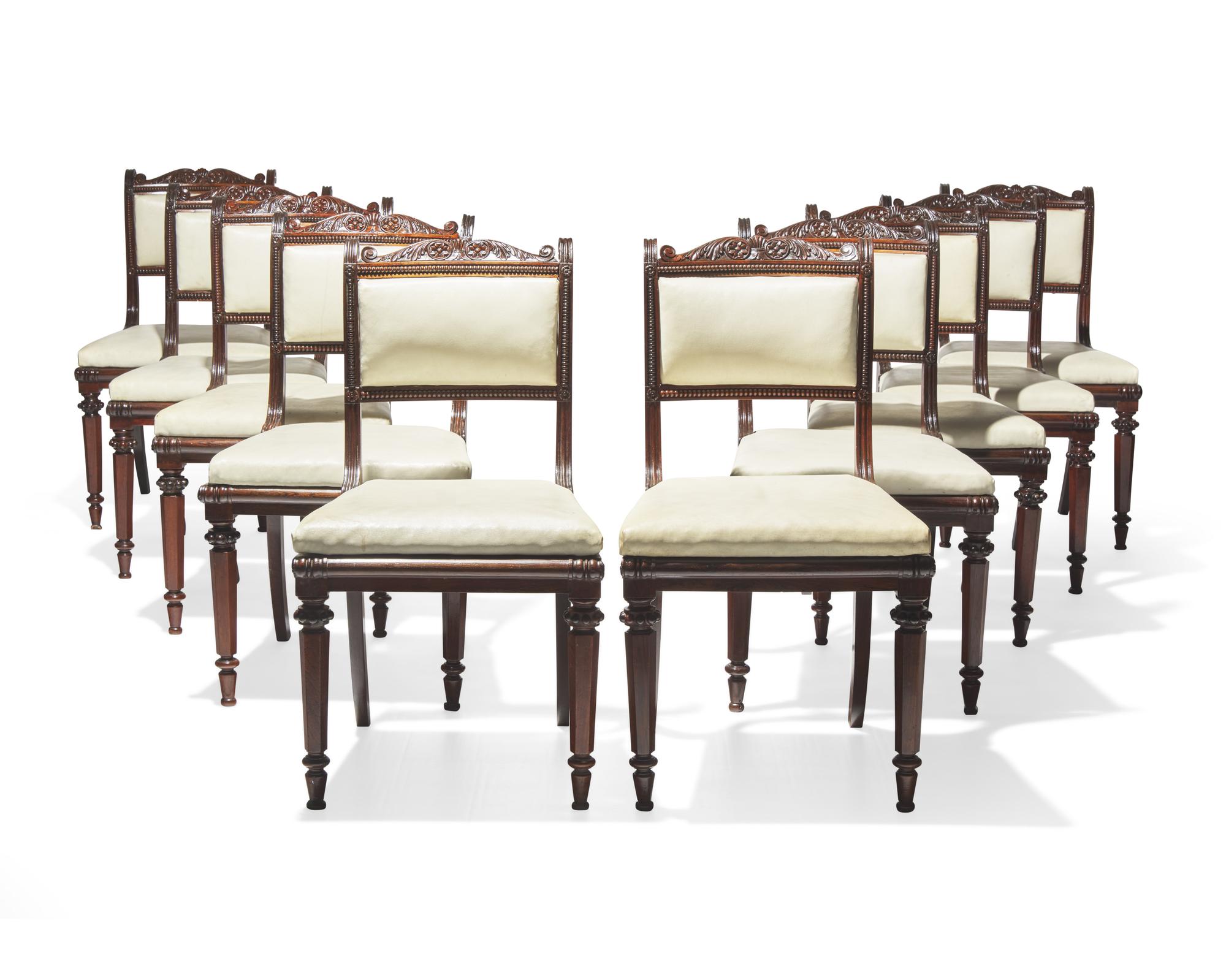 A rare set of ten Anglo-Indian Neoclassical carved hardwood side chairs, circa 1830-1840
