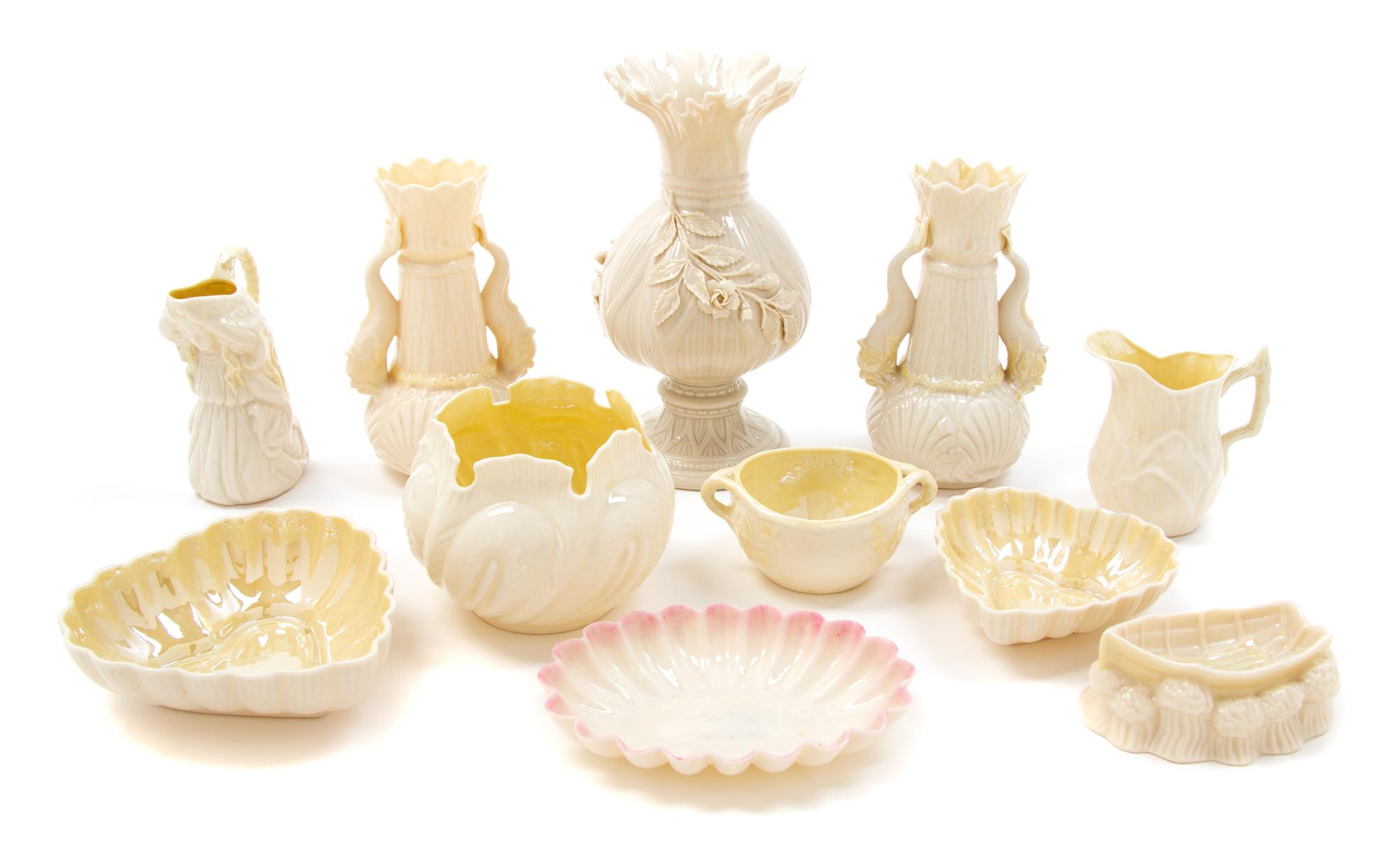Eleven Belleek Articles Height of tallest 8 inches. — SECOND BLACK MARK THROUGH FIFTH GREEN MARK (1891-1965)