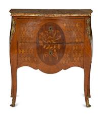 A Louis XV Style Gilt Metal-Mounted Tulipwood Marquetry Marble-Top Commode