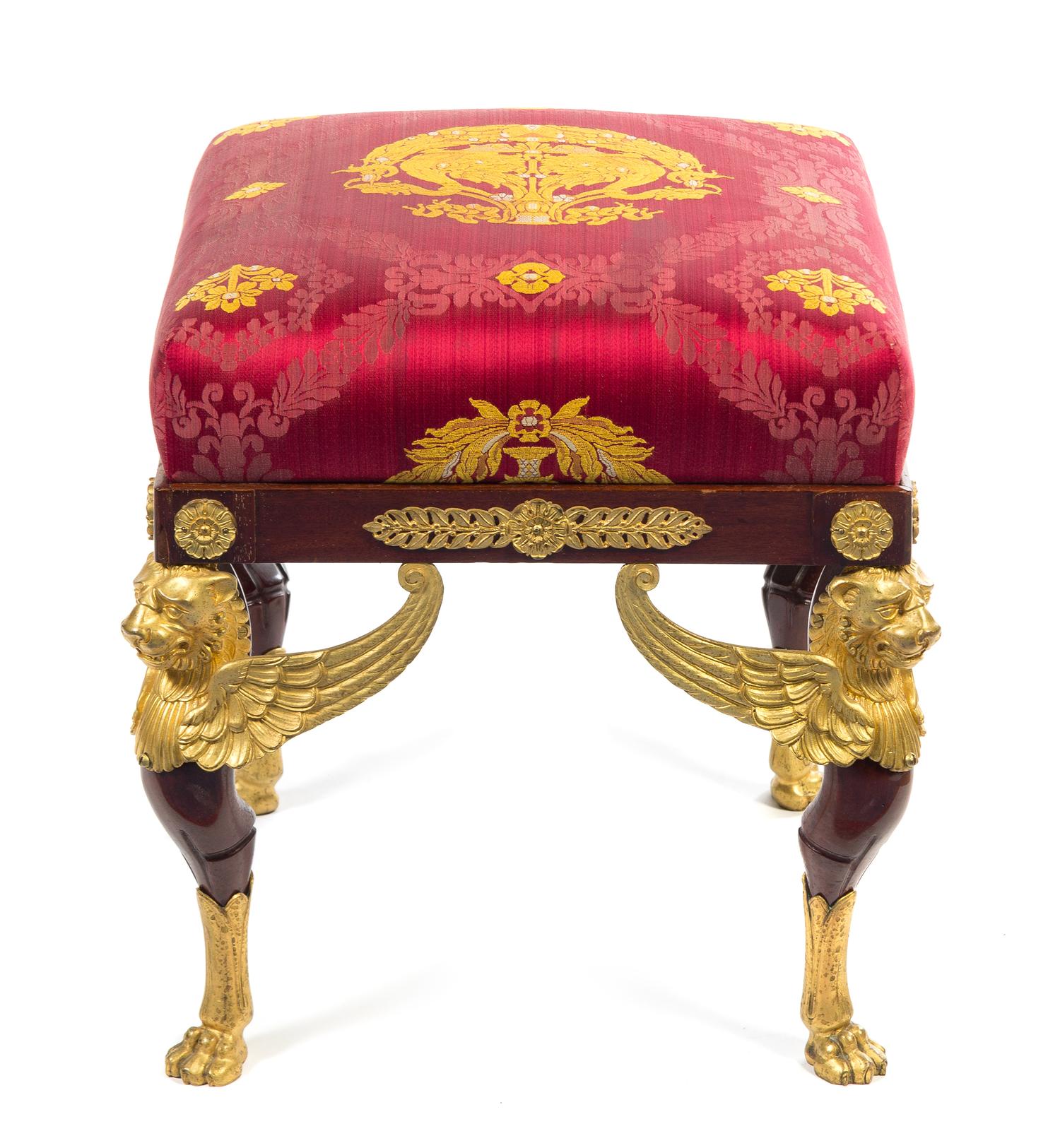 An Empire Gilt Bronze Mounted Mahogany Tabouret Height 19 3/4 x width 19 1/2 x depth 19 1/2 inches. — FIRST HALF 19TH CENTURY