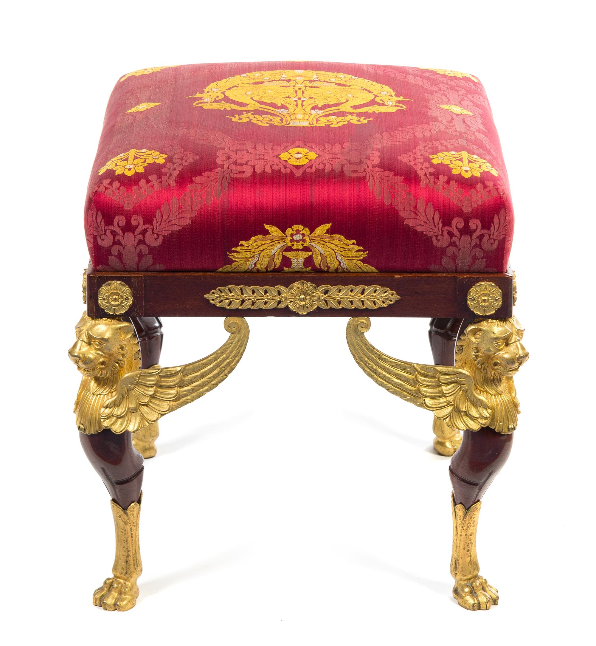 An Empire Gilt Bronze Mounted Mahogany Tabouret Height 19 3/4 x width 19 1/2 x depth 19 1/2 inches. — FIRST HALF 19TH CENTURY